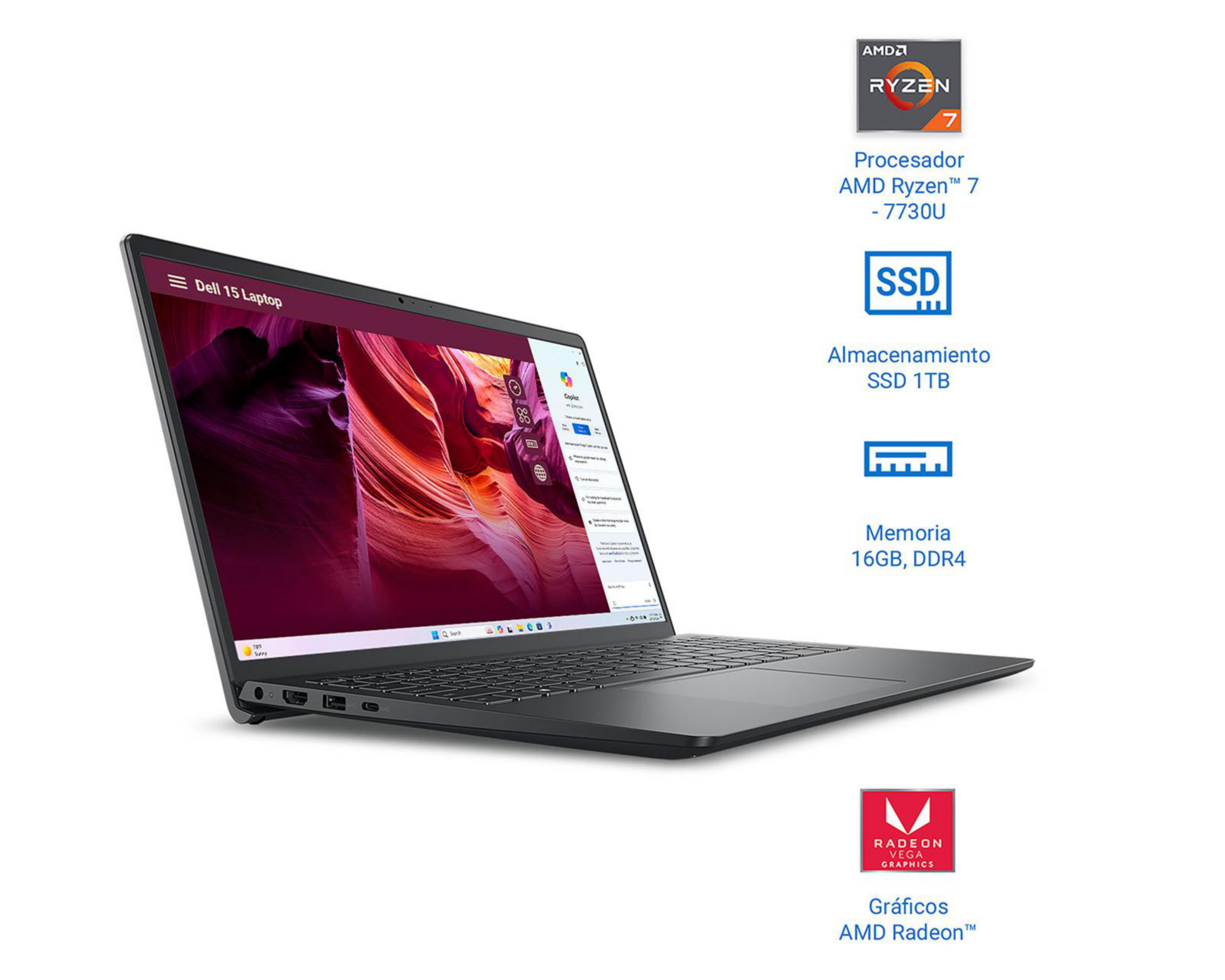 Foto 3 | Laptop Dell 15 DC15255 15.6 Pulgadas Windows 11 AMD Ryzen 7 16 GB RAM 1 TB SSD Negra