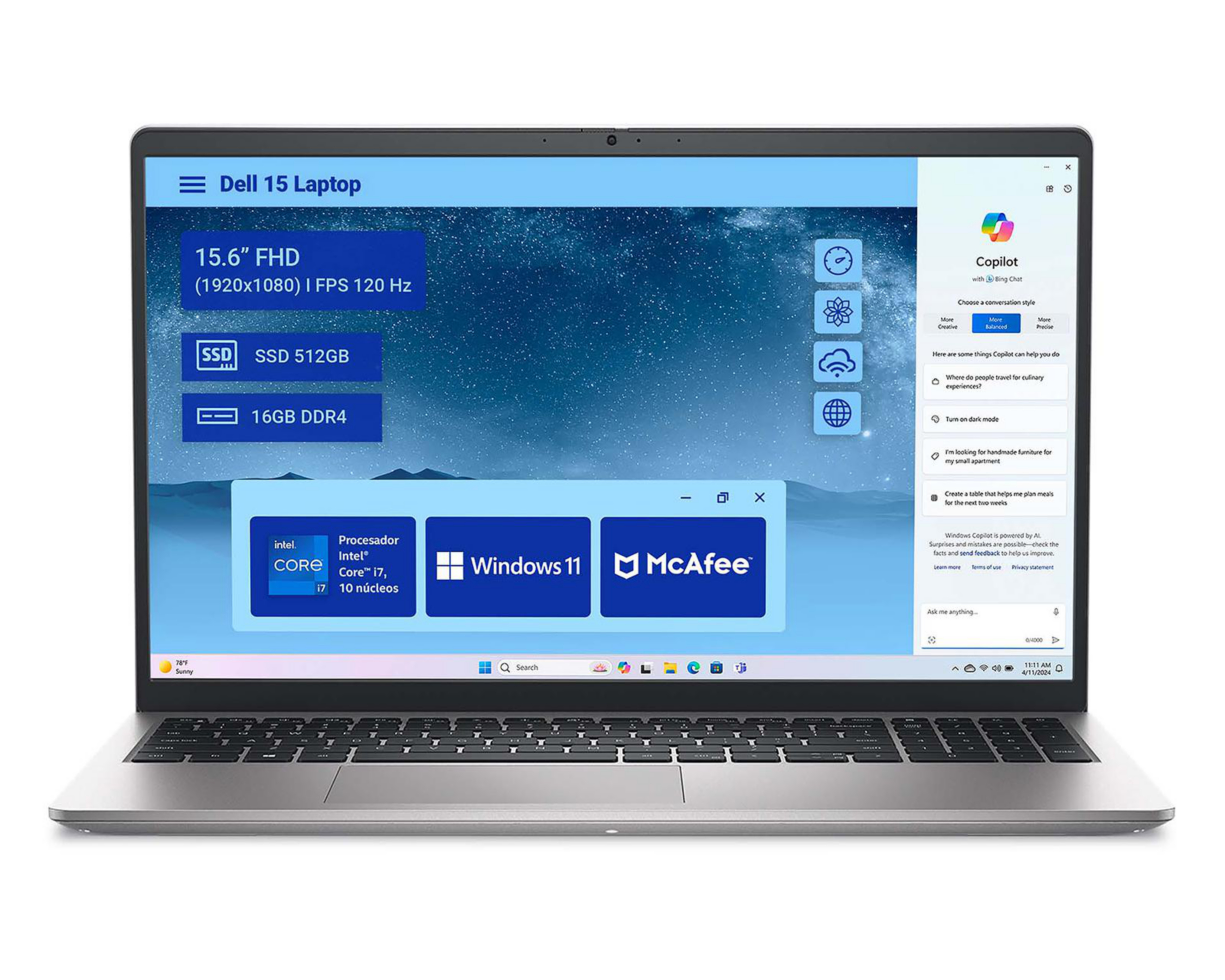 Foto 2 pulgar | Laptop Dell 0Y8RM 15.6 Pulgadas Windows 11 Intel Core i7 16 GB RAM 512 GB SSD Plateada