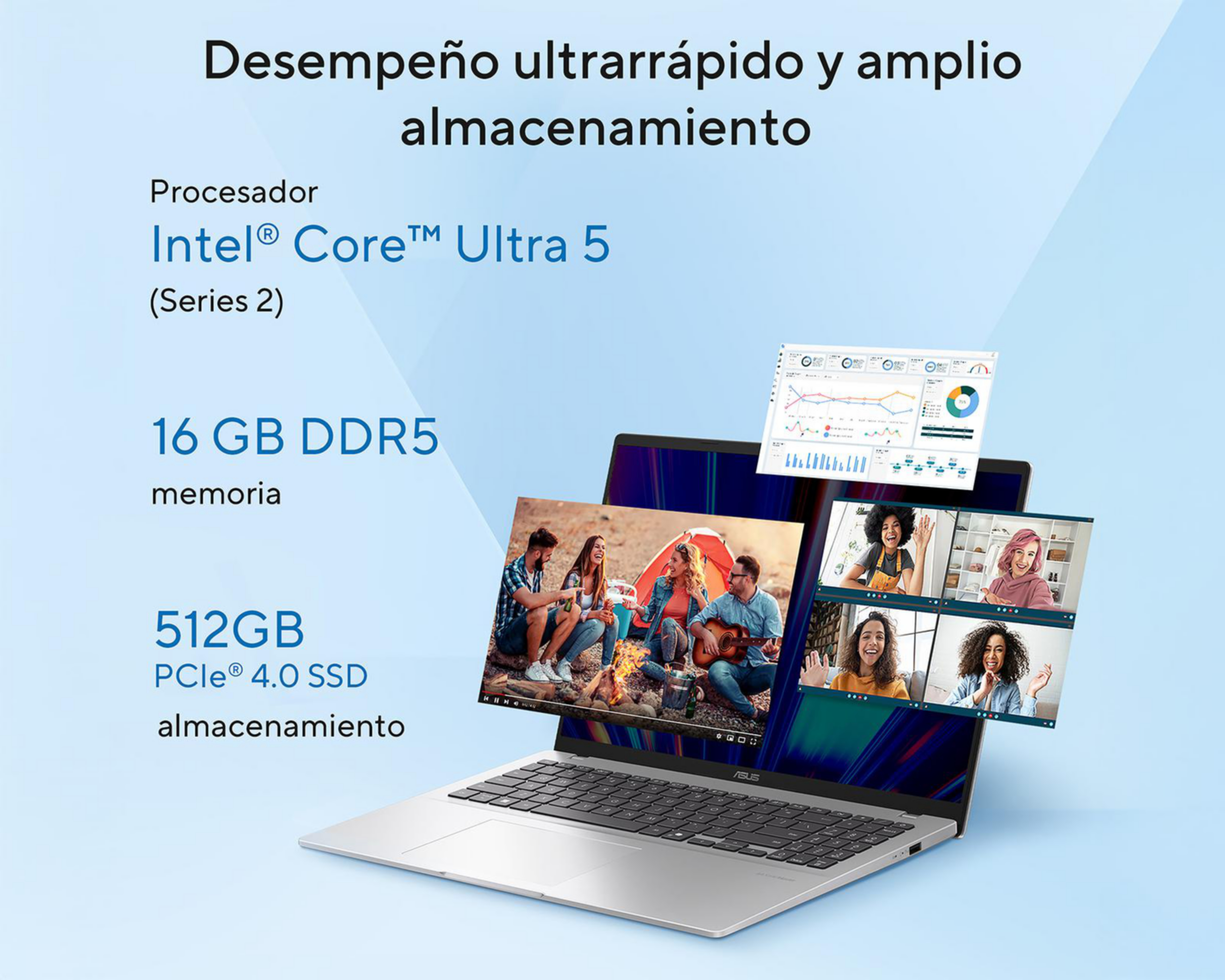 Foto 2 | Laptop Asus Vivobook 16 X1607CA-MB155W 16 Pulgadas Windows 11 Intel Core Ultra 5 16 GB RAM 512 GB SSD Plateada + Mo