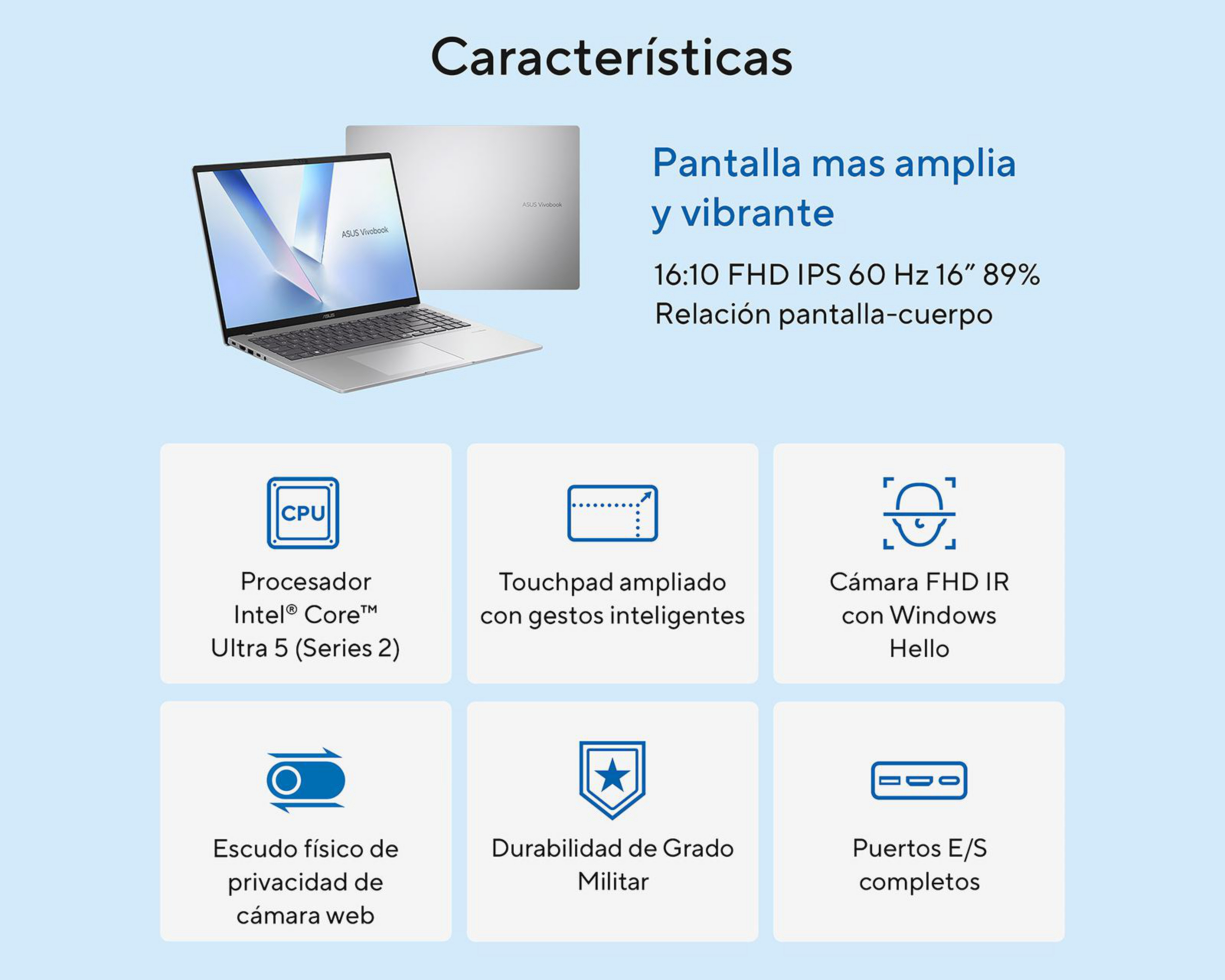 Foto 10 pulgar | Laptop Asus Vivobook 16 X1607CA-MB155W 16 Pulgadas Windows 11 Intel Core Ultra 5 16 GB RAM 512 GB SSD Plateada + Mo