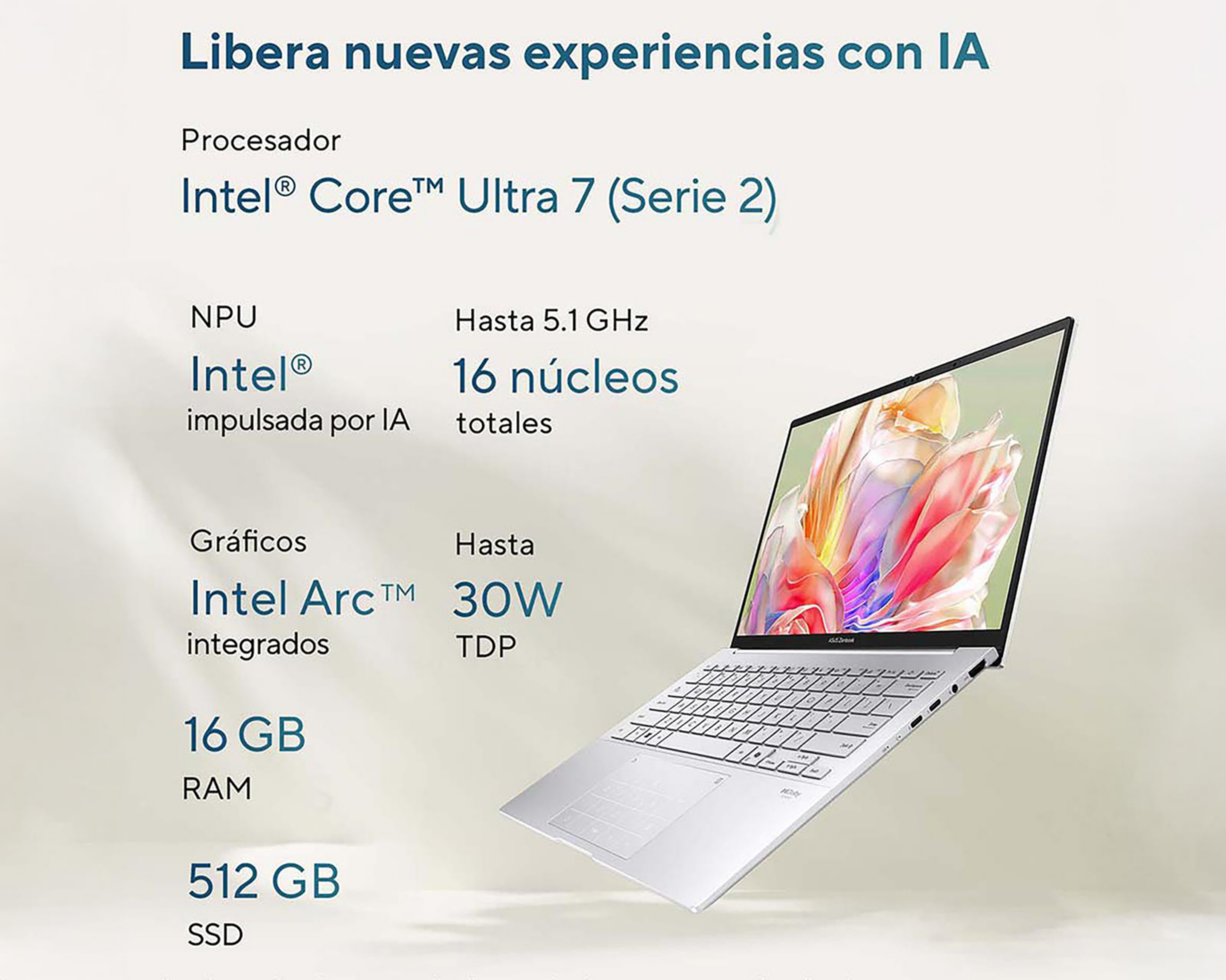 Foto 5 | Laptop Asus Zenbook 14 Pulgadas Windows 11 Home Intel Core Ultra 7 16 GB RAM 512 GB SSD Plateada