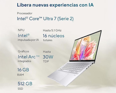Foto 5 | Laptop Asus Zenbook 14 Pulgadas Windows 11 Home Intel Core Ultra 7 16 GB RAM 512 GB SSD Plateada