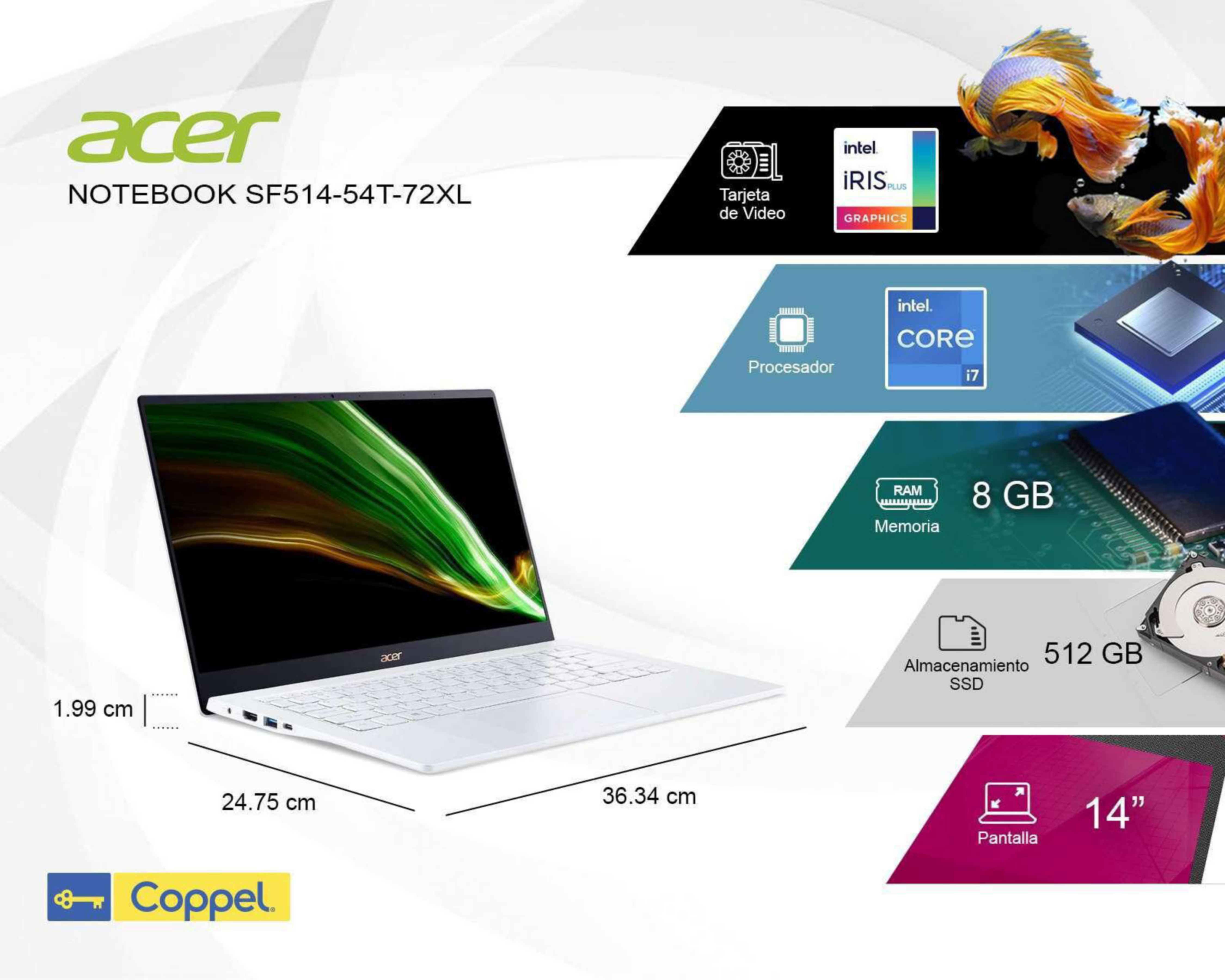 Foto 10 pulgar | Laptop Acer SF514-54T-72XL 14" Windows 10 Home Intel Core i7 8 GB RAM 512 GB SSD Blanca