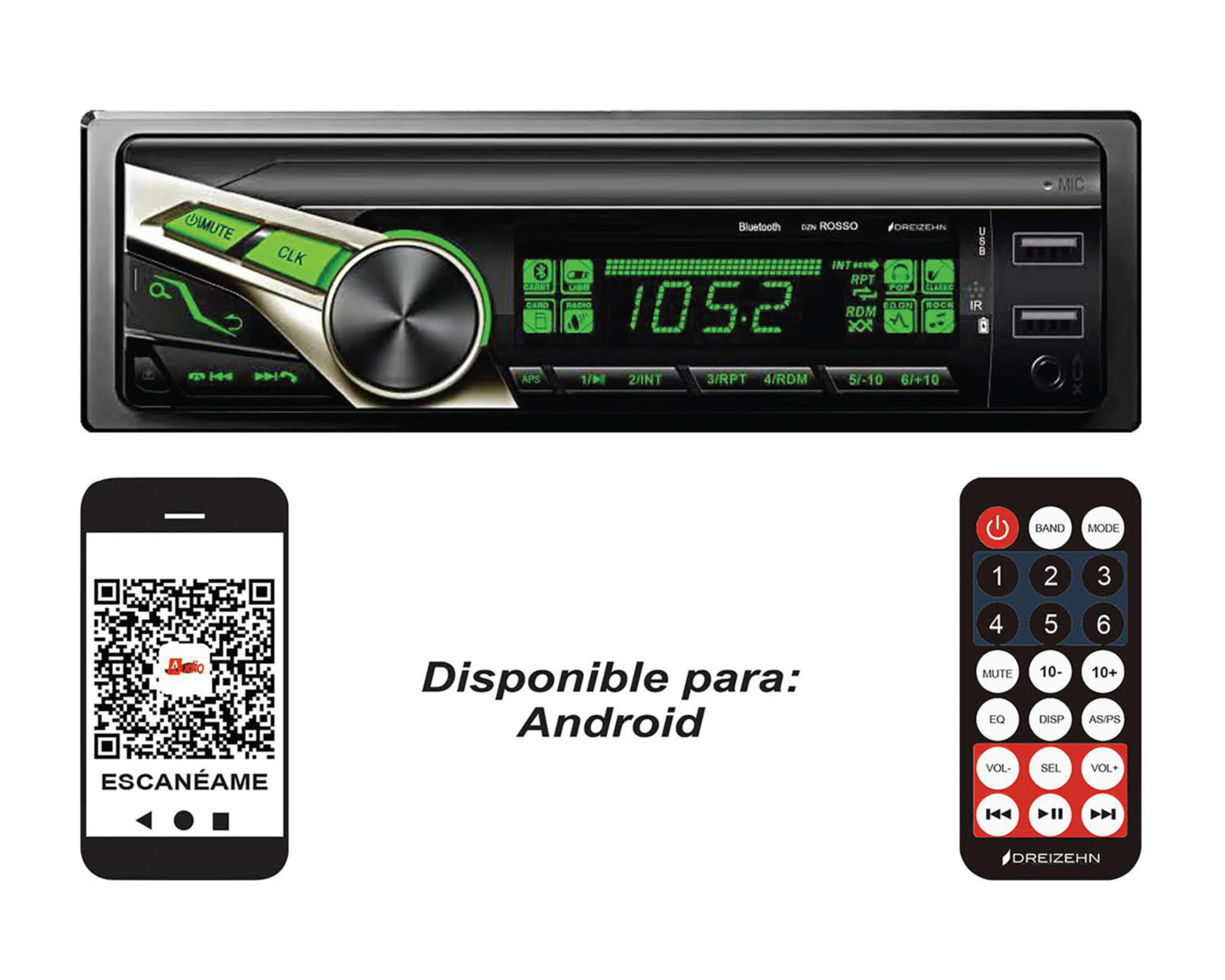 Foto 2 pulgar | Autoestéreo Dreizehn Multimedia sin CD Rosso Bluetooth Compatible iOS y Android Negro