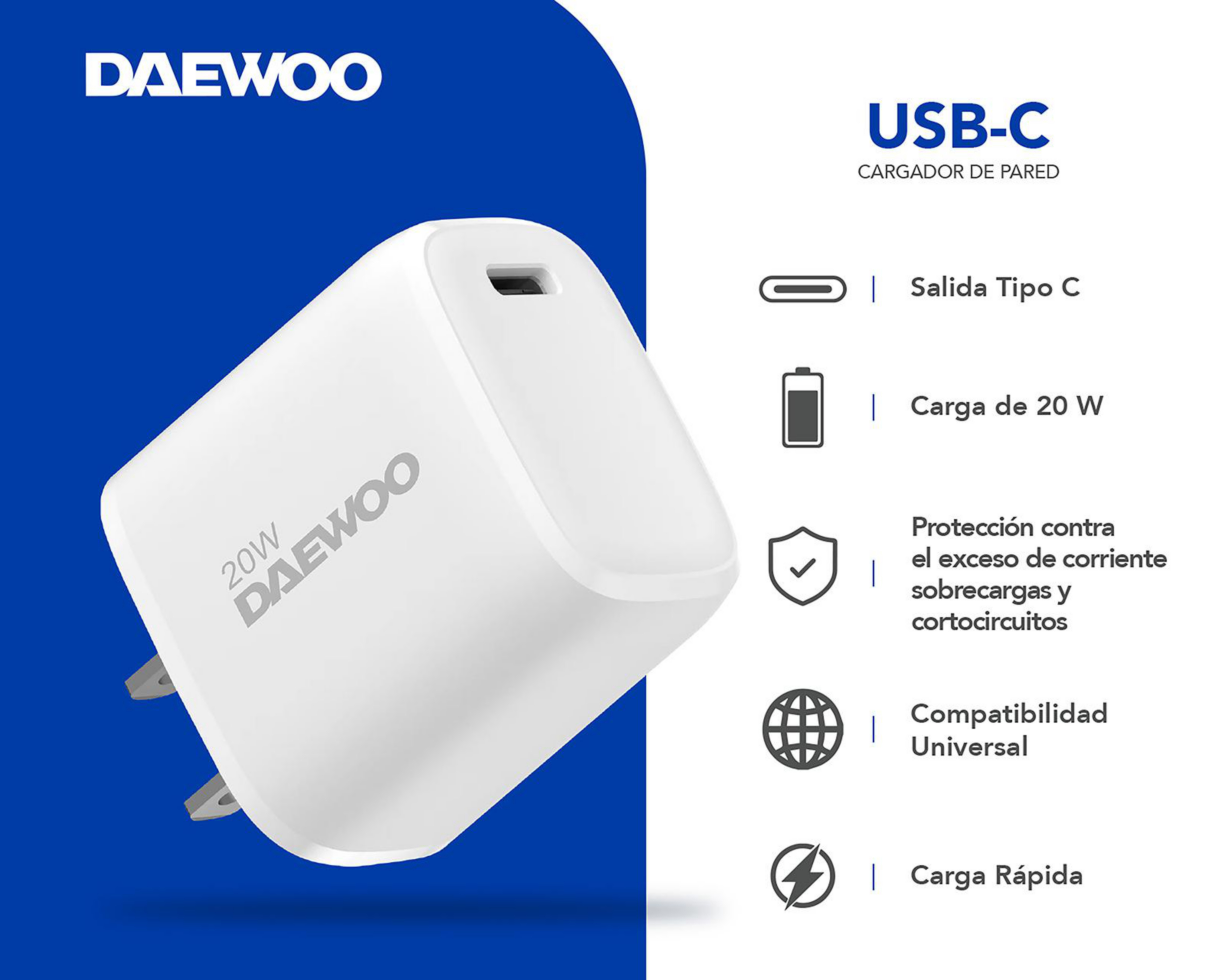 Foto 3 pulgar | Adaptador de Corriente Daewoo con Entrada USB-C 20W