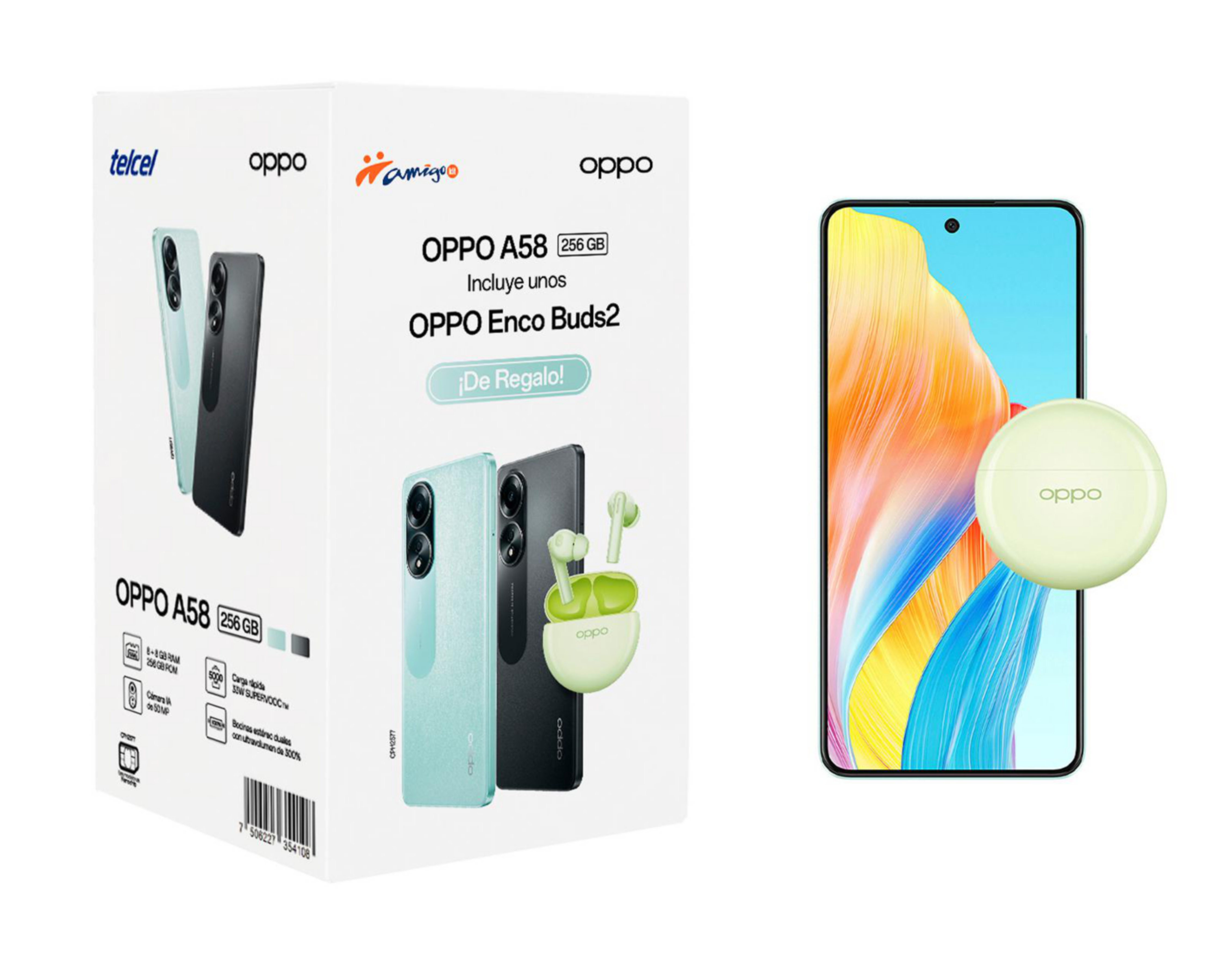 Foto 7 pulgar | Telcel Oppo A58 256 GB Verde + Enco Buds2