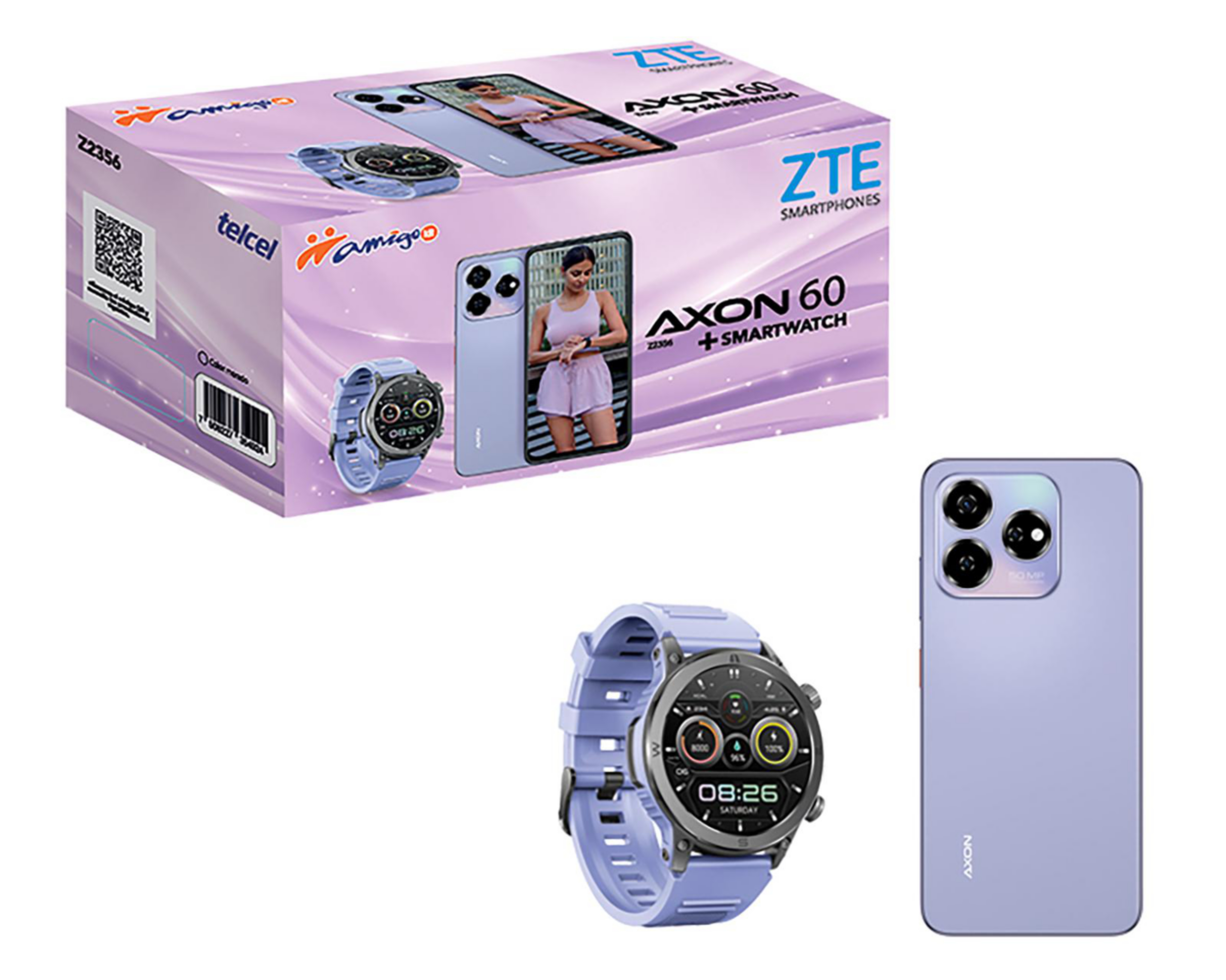 Foto 7 pulgar | Telcel ZTE Axon 60 256 GB Morado + Smartwatch