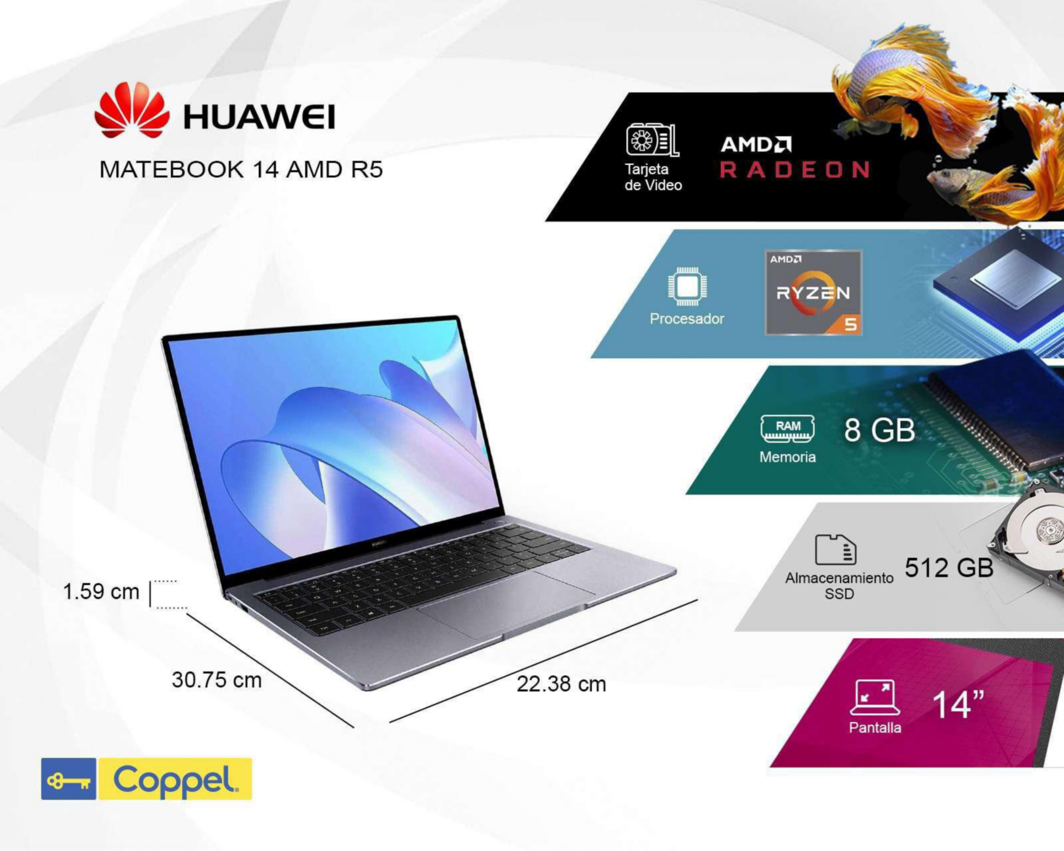 Foto 10 pulgar | Laptop Huawei Matebook14 AMD R5 14" Windows 10 AMD Ryzen 5 5500U 8 GB RAM 512 SSD Gris