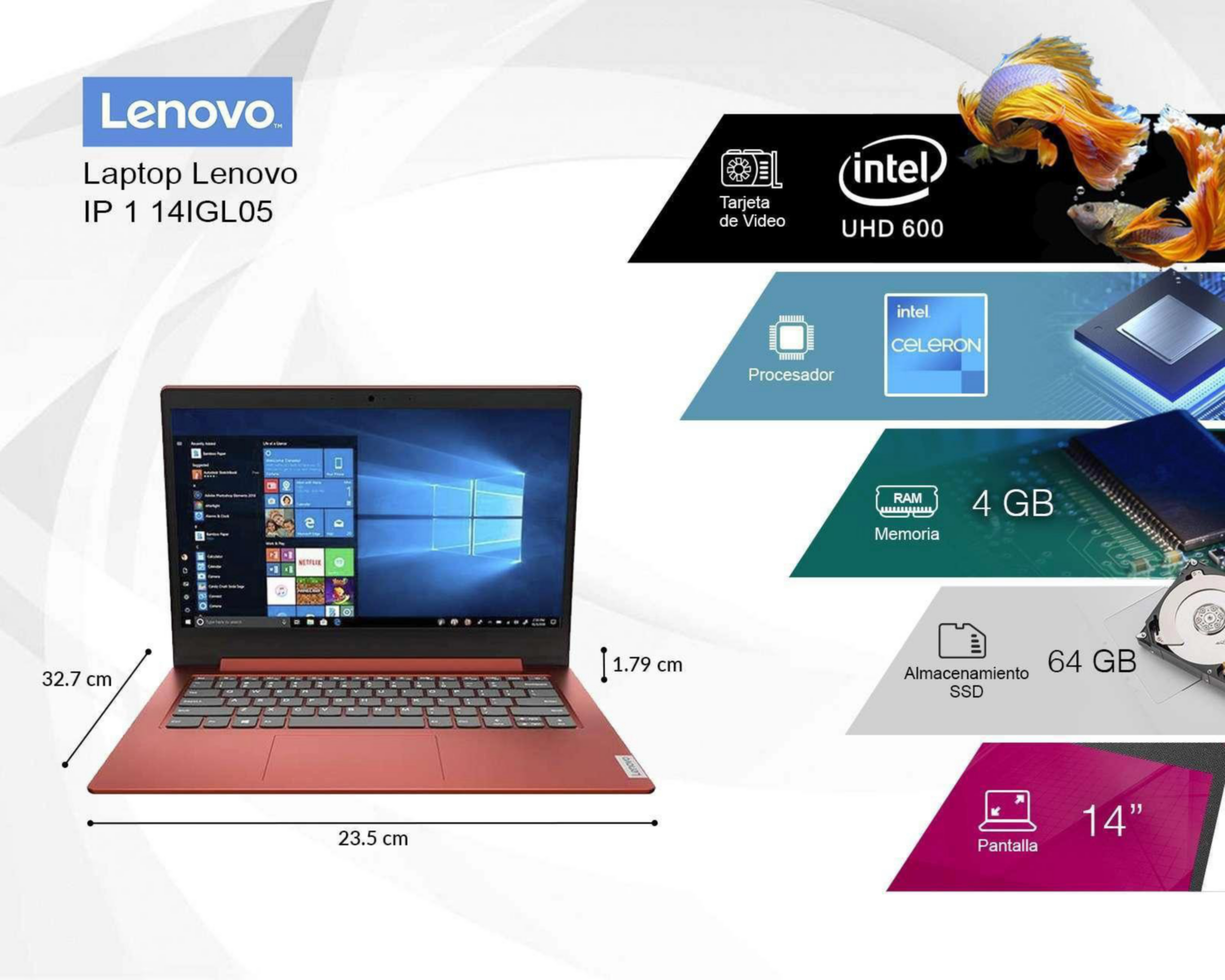 Foto 7 pulgar | Laptop Lenovo IP 1 14IGL05 14" Intel Celeron 4 GB RAM 64 GB SSD Anaranjada