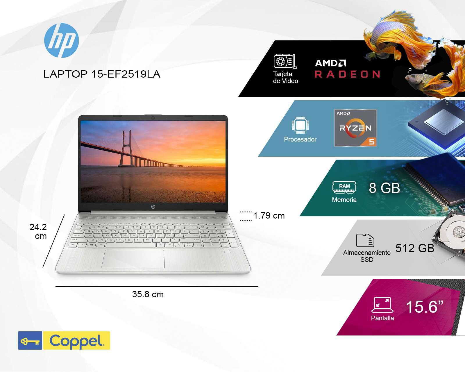 Foto 8 pulgar | Laptop HP 15-EF2519LA 15.6" Windows 11 Home AMD Ryzen 5 8GB RAM 512 GB SSD Plateada + Mouse y Funda Reversible