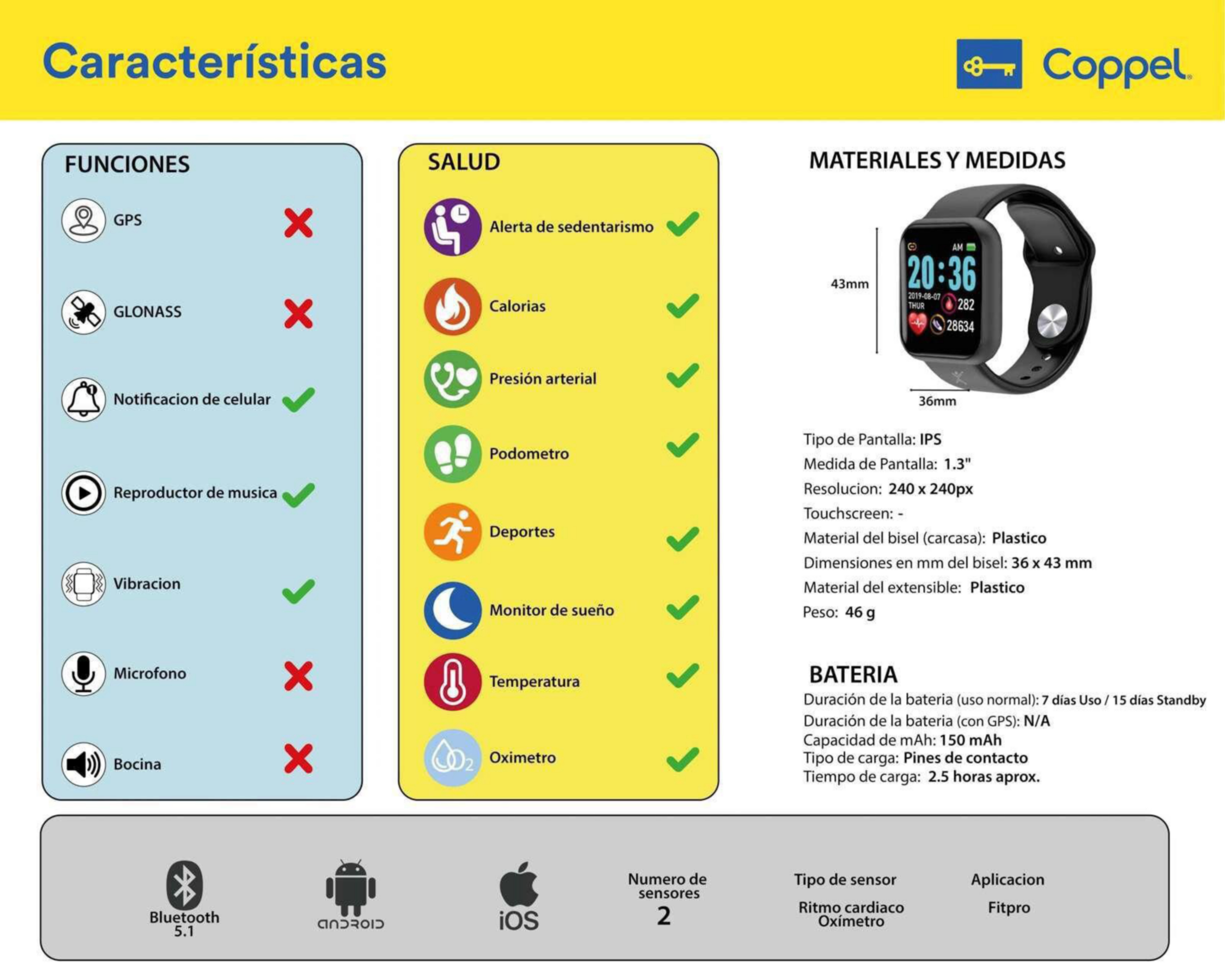 Foto 4 pulgar | Smartwatch Perfect Choice Hearty Negro