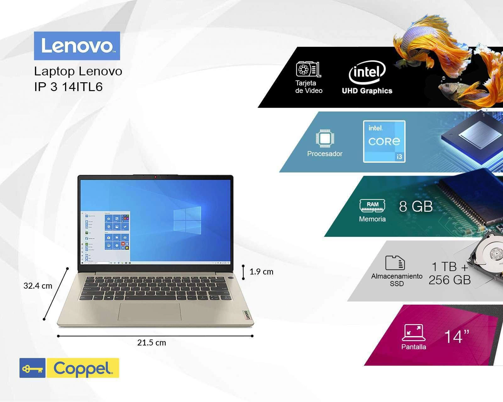 Foto 7 pulgar | Laptop Lenovo IP 3 14ITL6 14" Windows 11 Home Intel Core i3 8 GB RAM 1 TB HDD + 256 GB SSD Dorado