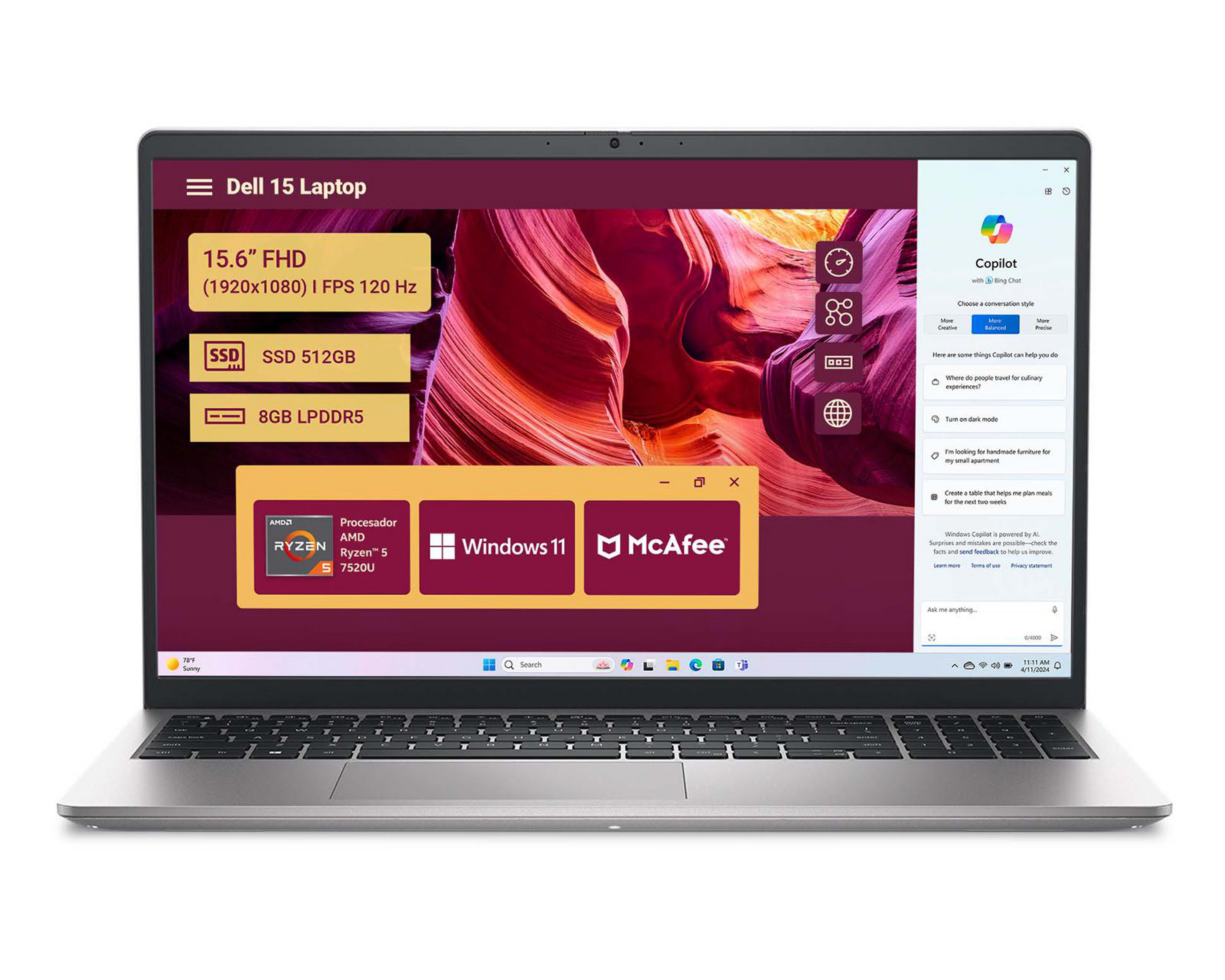 Foto 2 pulgar | Laptop Dell 15 DC15255 15.6 Pulgadas Windows 11 AMD Ryzen 5 8 GB RAM 512 GB SSD Gris