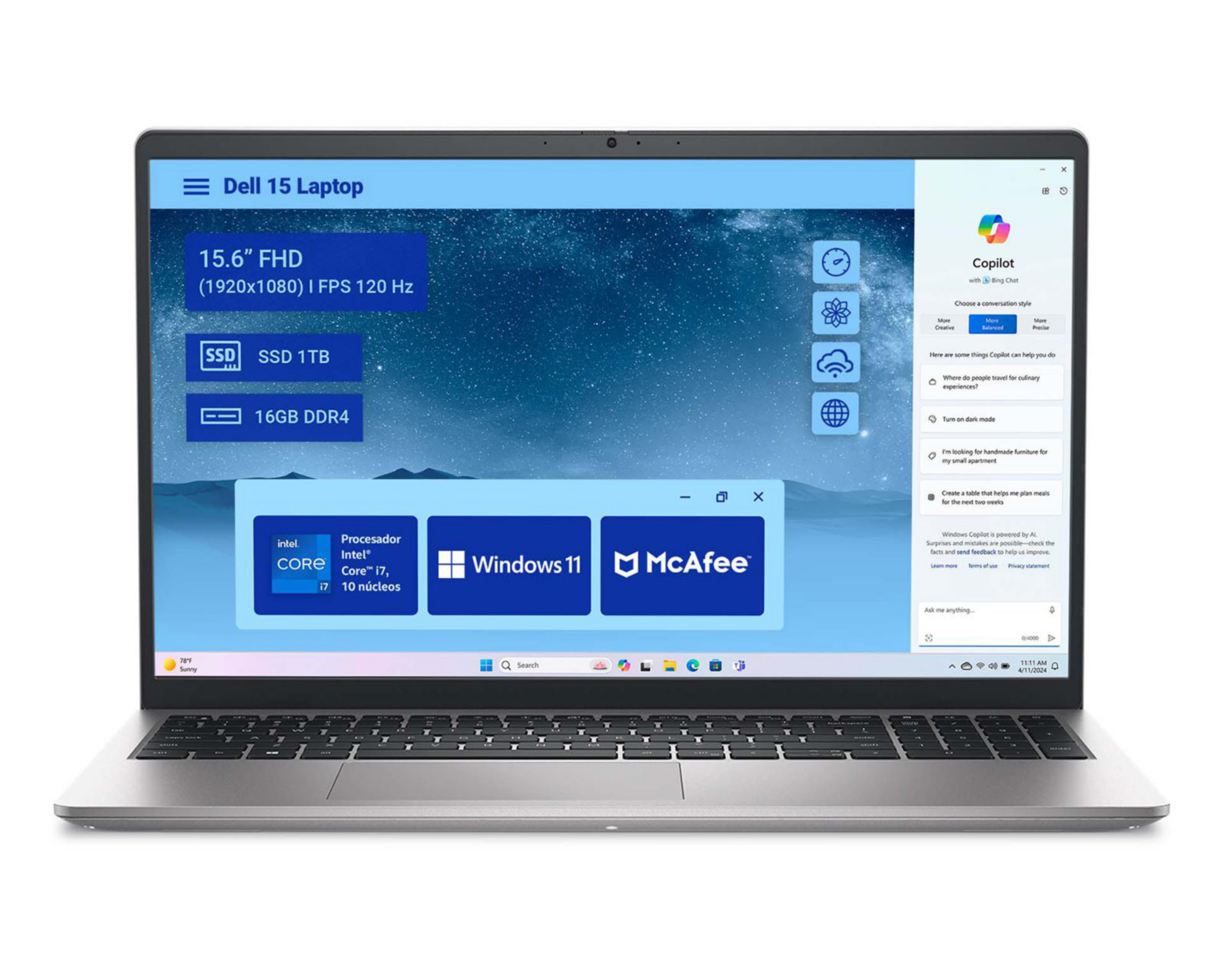 Foto 2 pulgar | Laptop Dell 5CDNP 15.6 Pulgadas Windows 11 Home Intel Core i7 16 GB RAM 1 TB SSD Plata