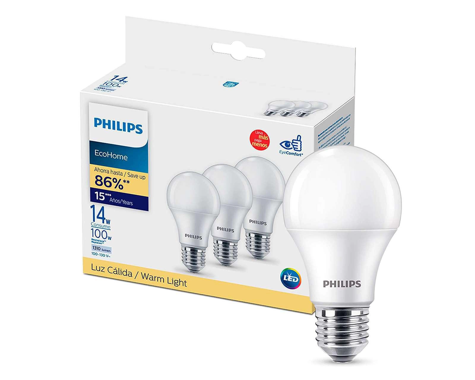 Foto 2 pulgar | Focos LED Philips 14 W Luz Cálida 3 Piezas