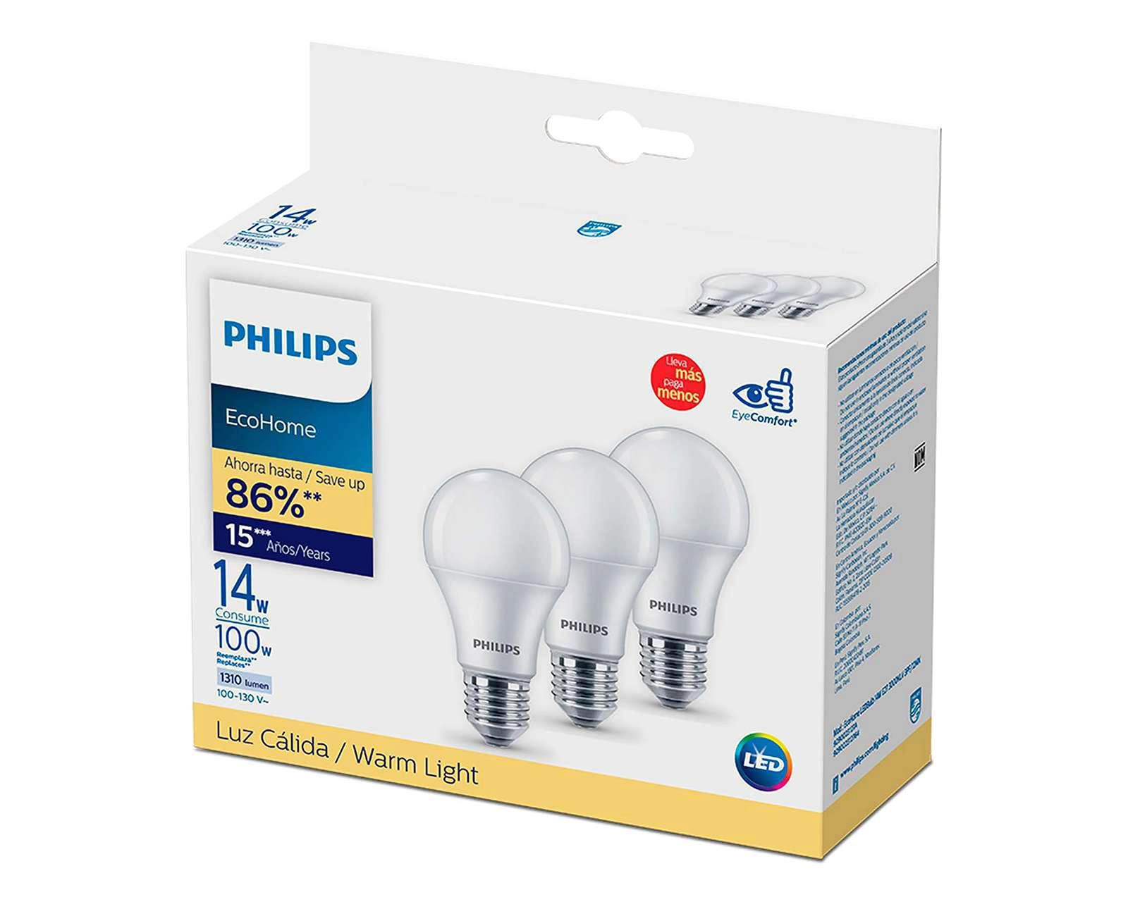 Foto 3 pulgar | Focos LED Philips 14 W Luz Cálida 3 Piezas