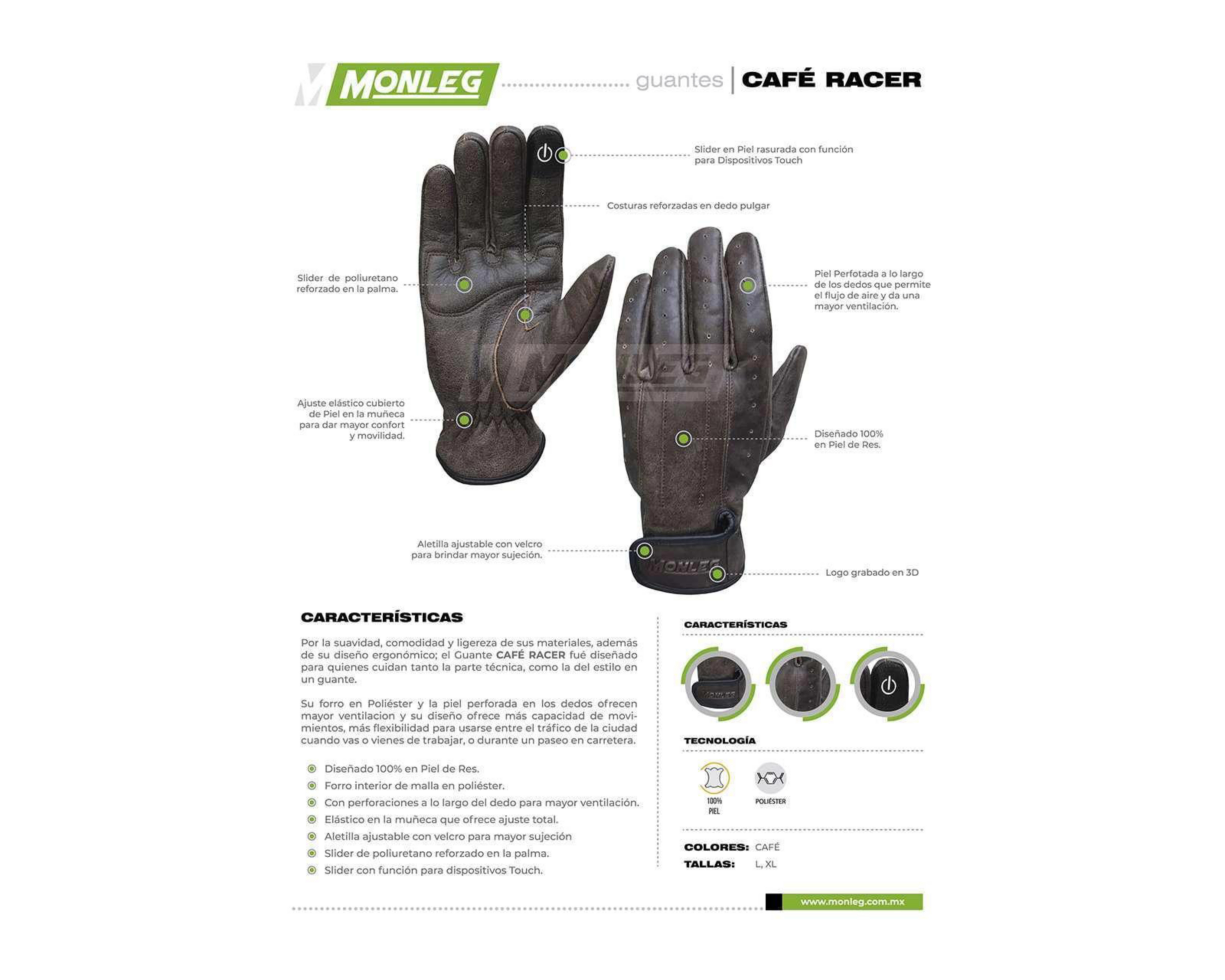 Foto 7 pulgar | Guantes de Piel para Motociclista Monleg Grandes