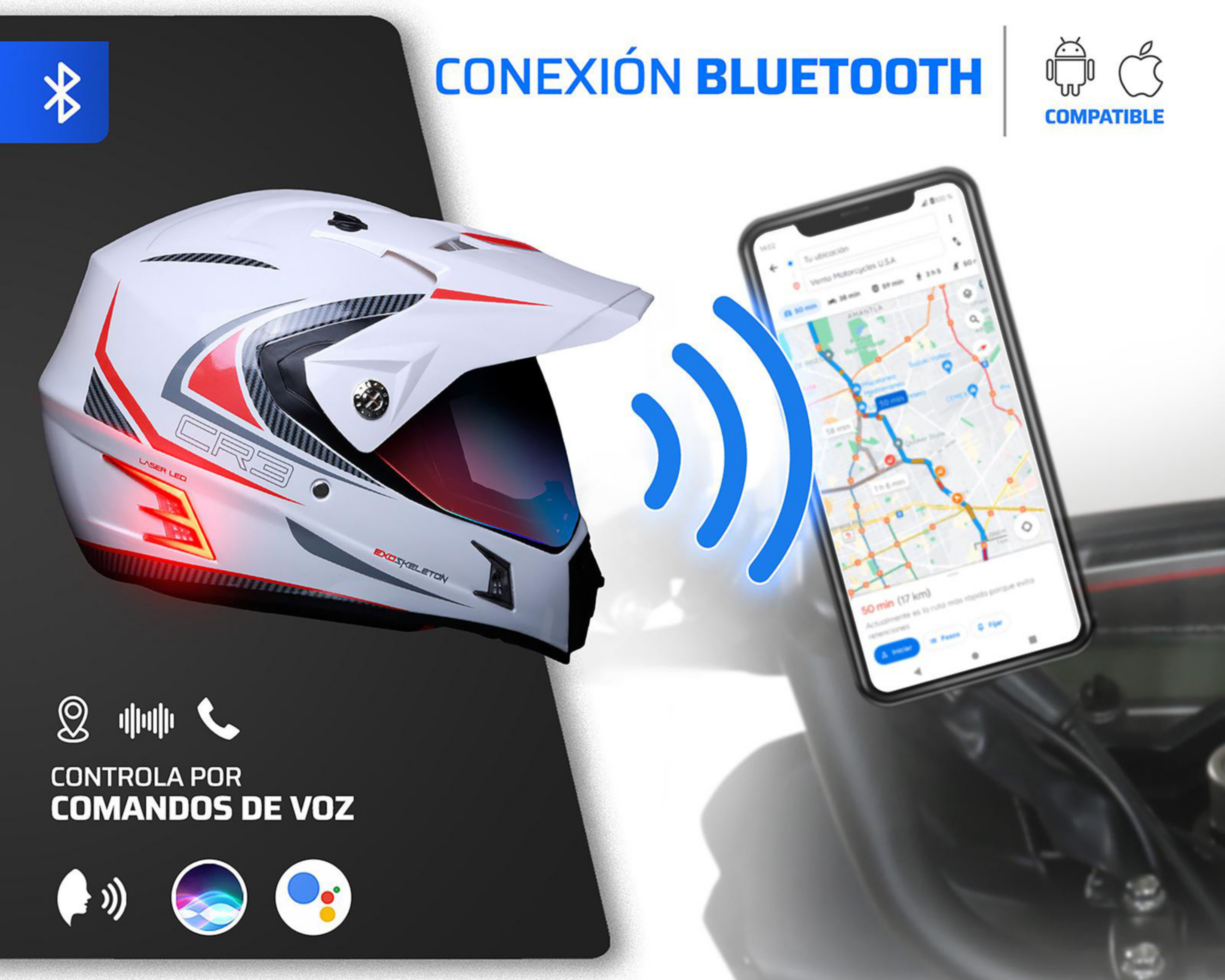 Foto 5 pulgar | Casco para Motociclista Exoskeleto Grande con Bluetooth Blanco