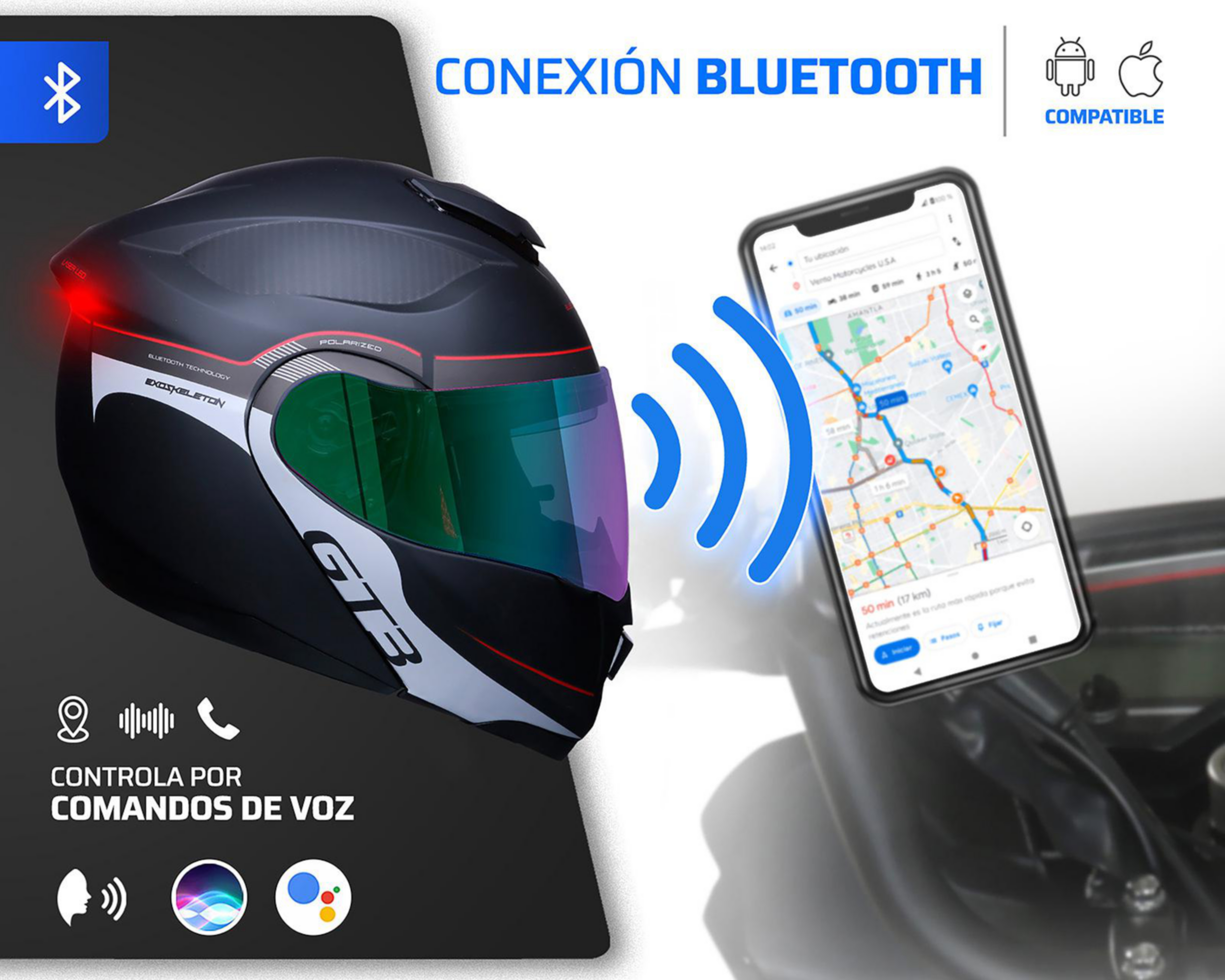 Foto 5 pulgar | Casco para Motociclista Exoskeleton Mediano con Bluetooth Negro