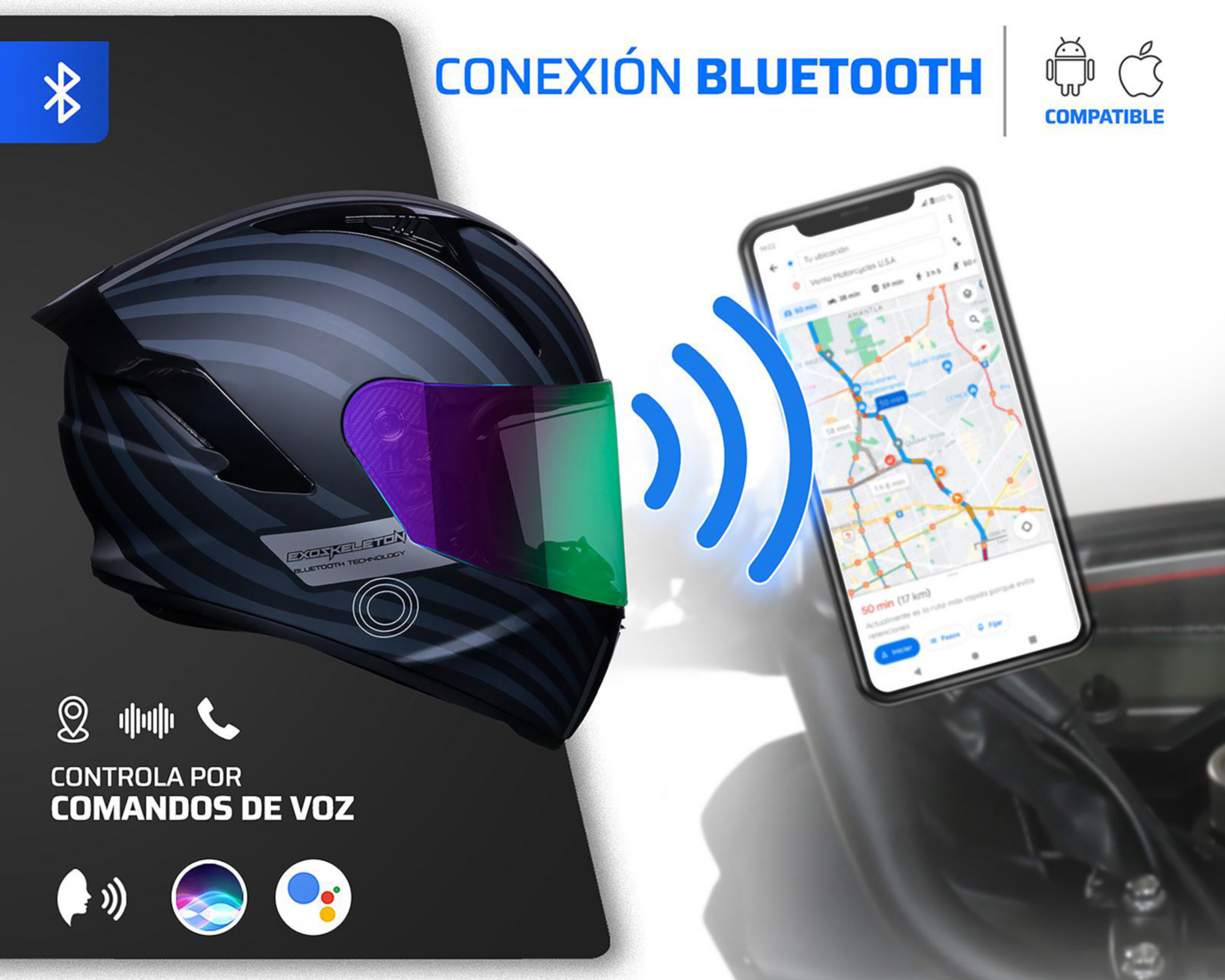 Foto 5 pulgar | Casco para Motociclista Exoskeleton Mediano con Bluetooth Negro