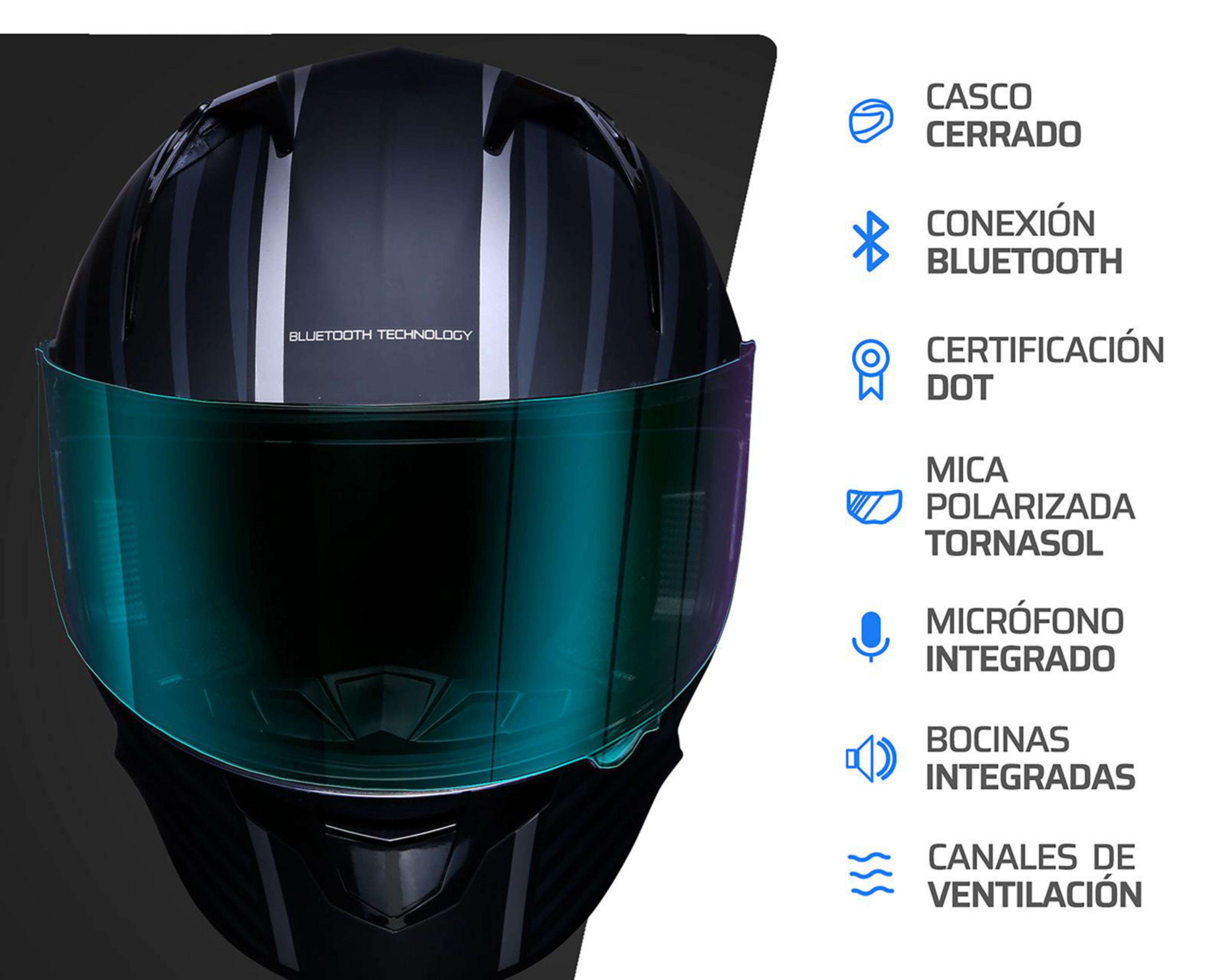 Foto 7 pulgar | Casco para Motociclista Exoskeleton Mediano con Bluetooth Negro