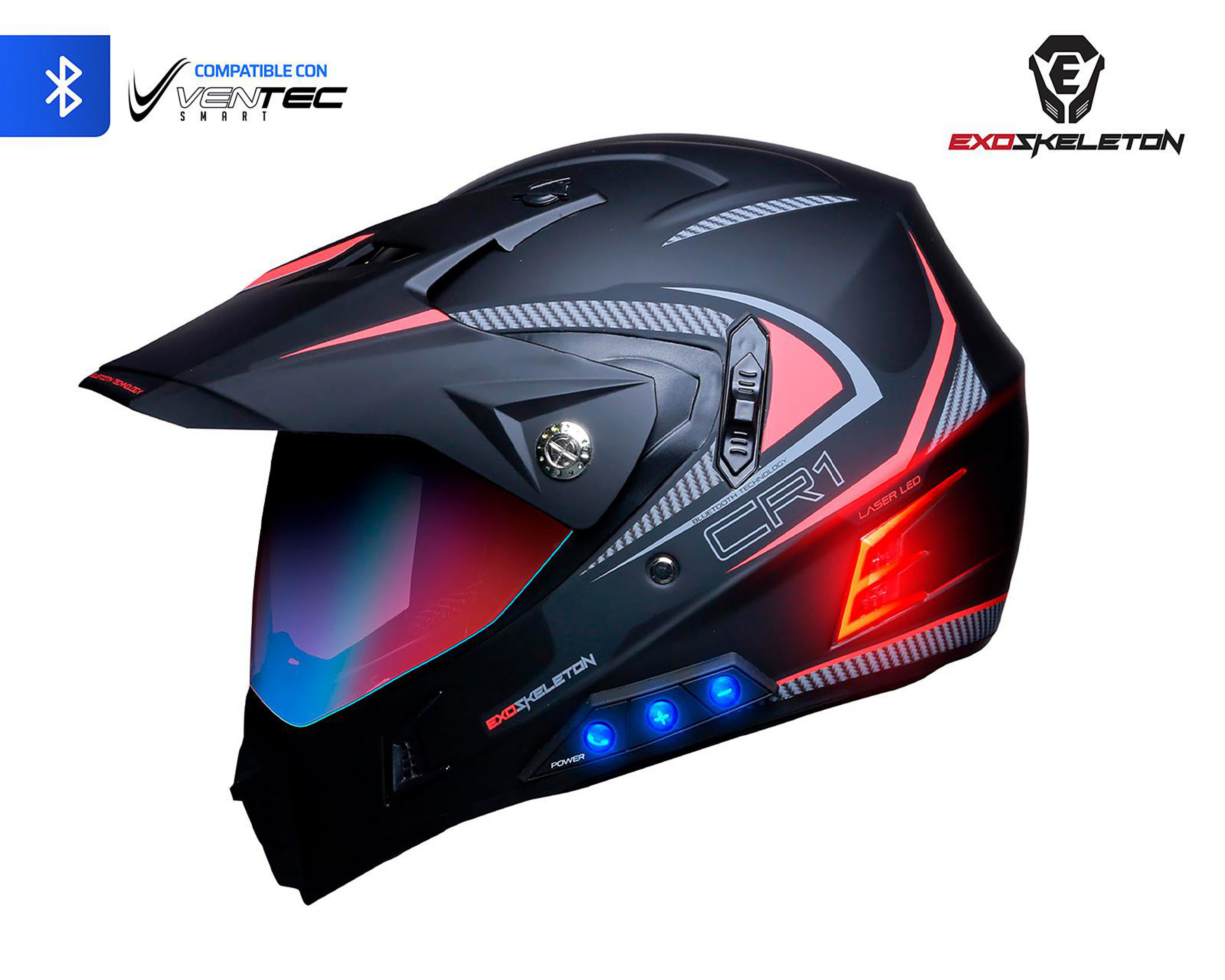 Foto 2 pulgar | Casco para Motociclista Exoskeleton Mediano con Bluetooth Negro
