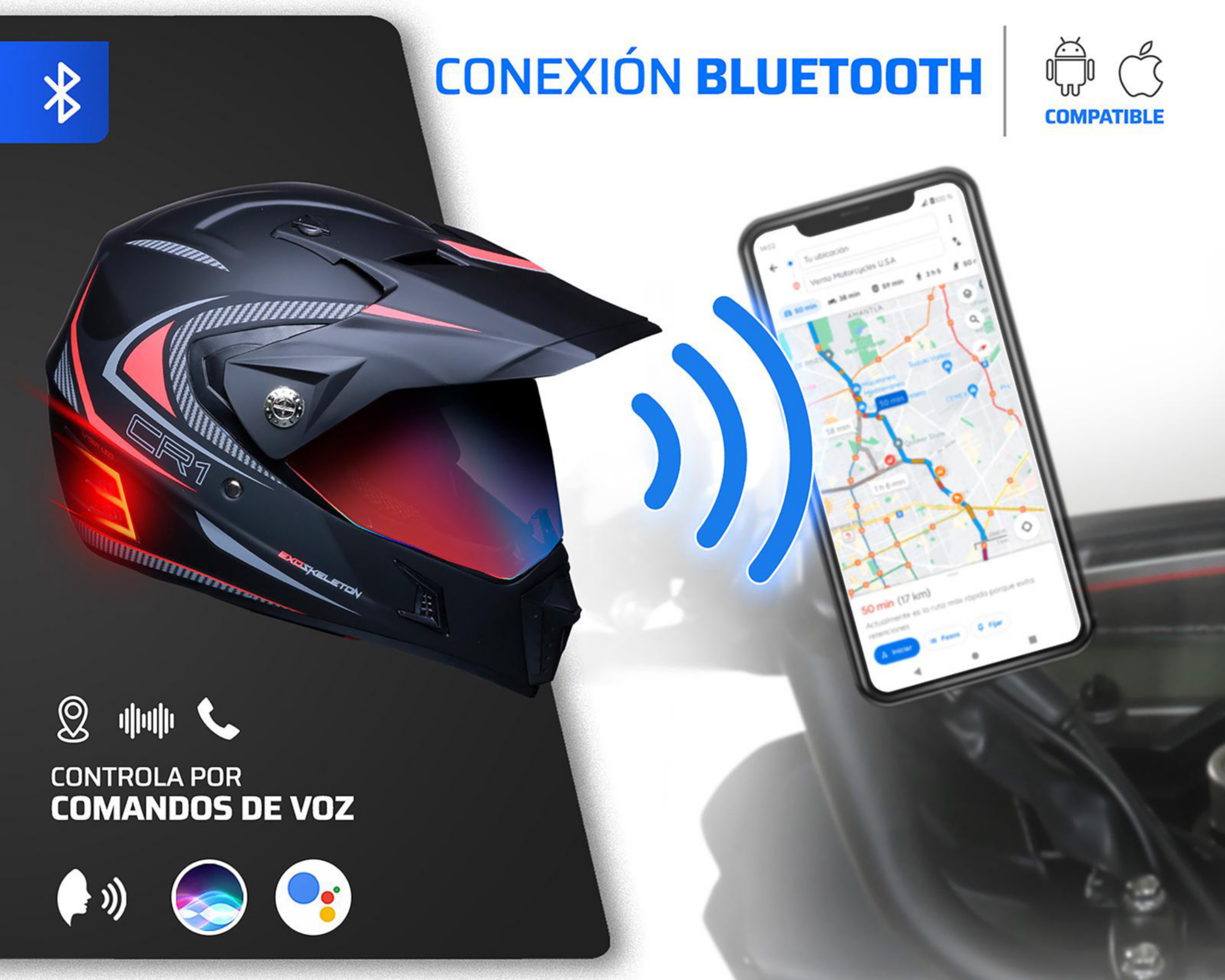 Foto 5 pulgar | Casco para Motociclista Exoskeleton Mediano con Bluetooth Negro