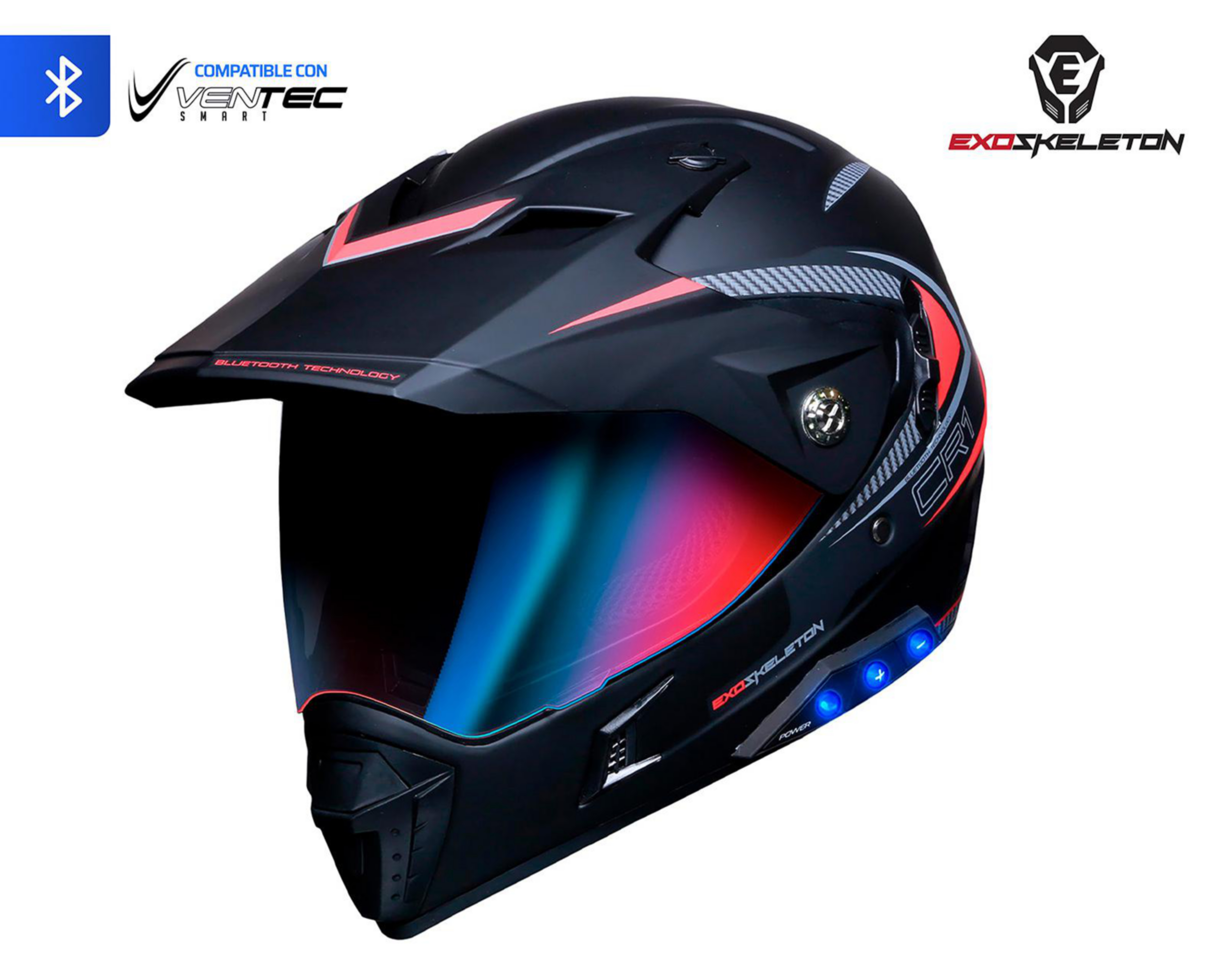 Foto 3 pulgar | Casco para Motociclista Exoskeleton Grande con Bluetooth Negro