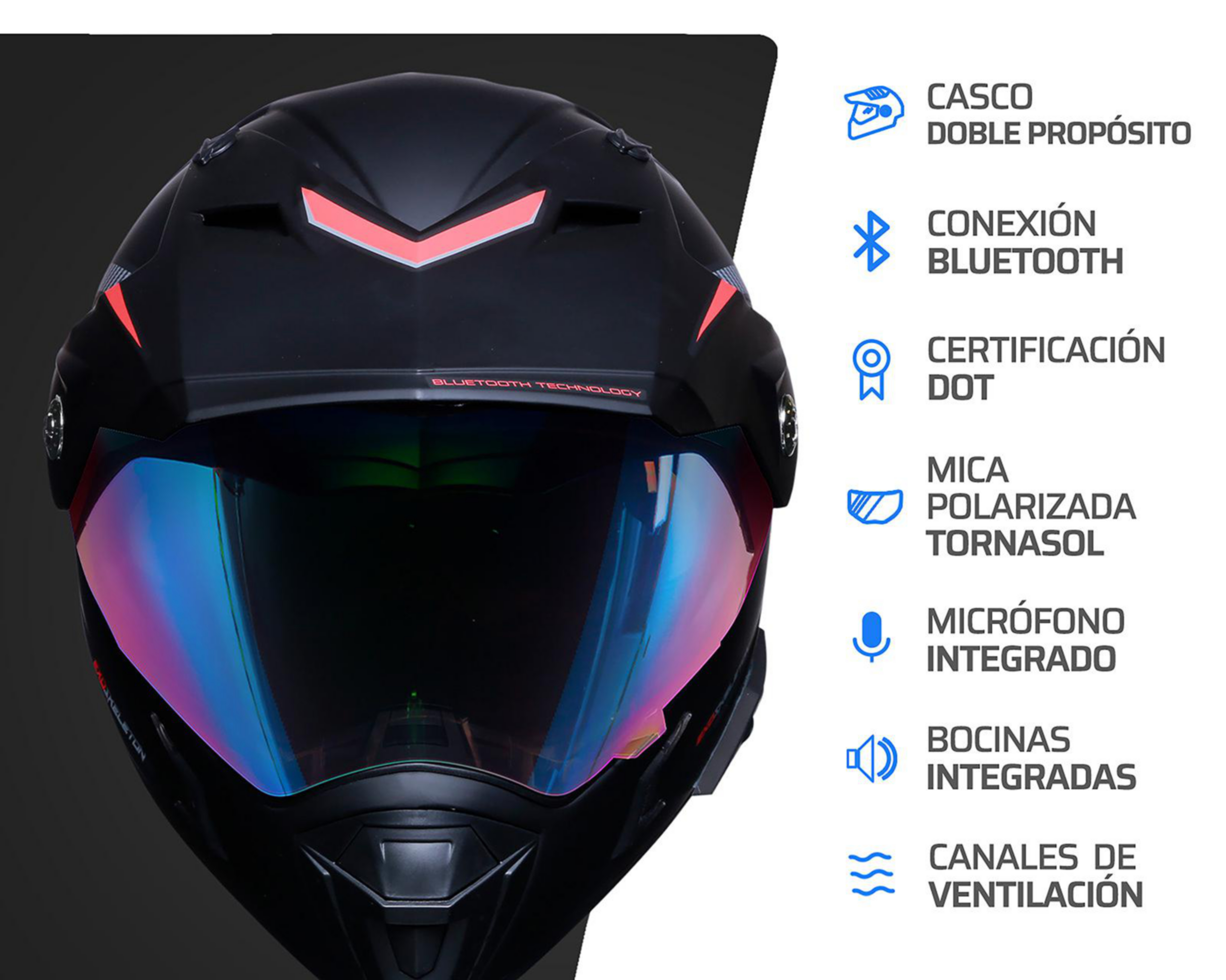 Foto 7 pulgar | Casco para Motociclista Exoskeleton Grande con Bluetooth Negro