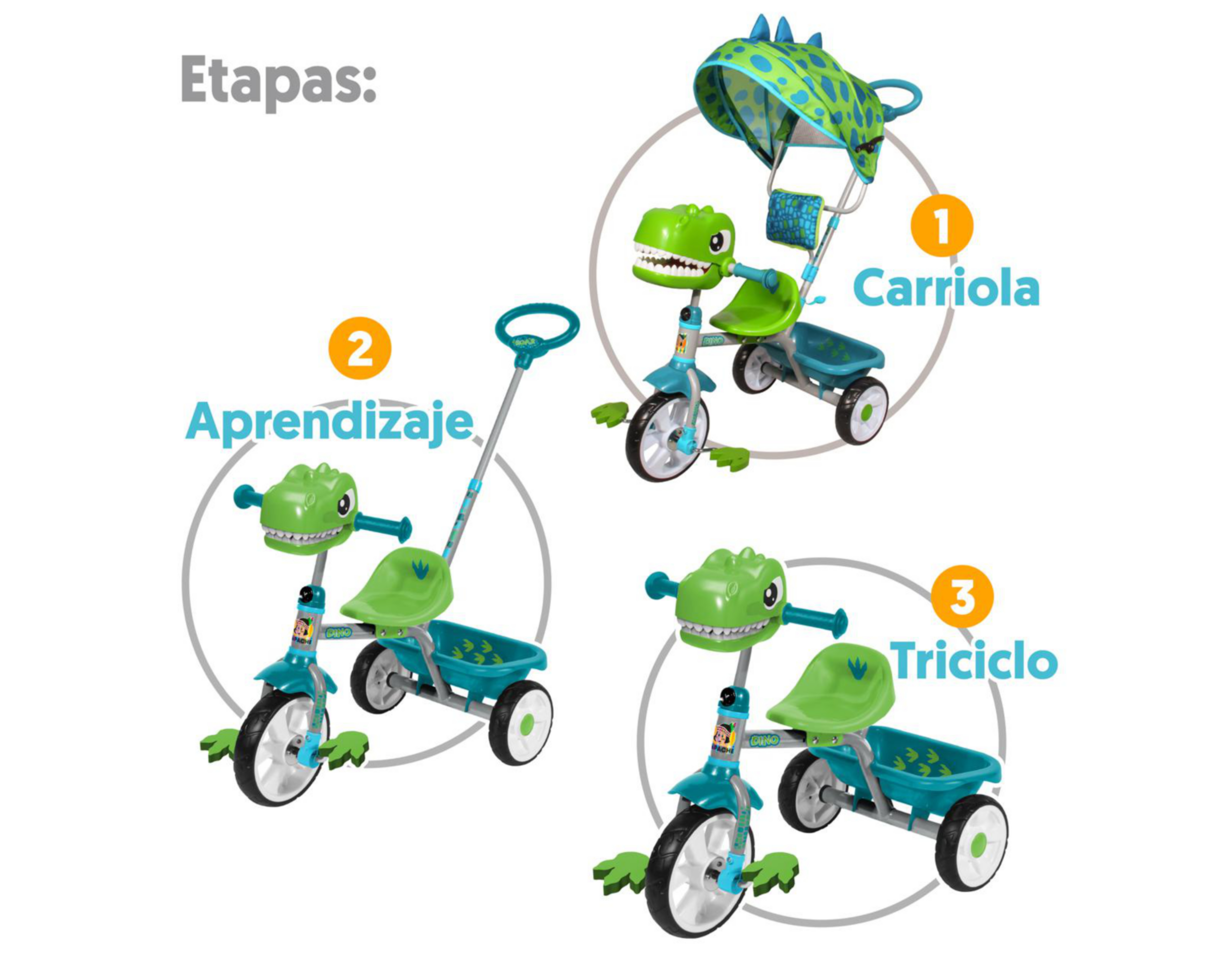 Foto 3 pulgar | Triciclo Etapas Apache Dino 3 en 1