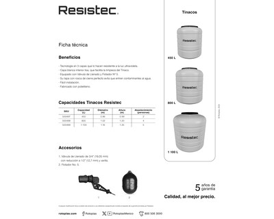 Foto 6 | Tinaco Resistec Rotoplas 450 L con 2 Accesorios