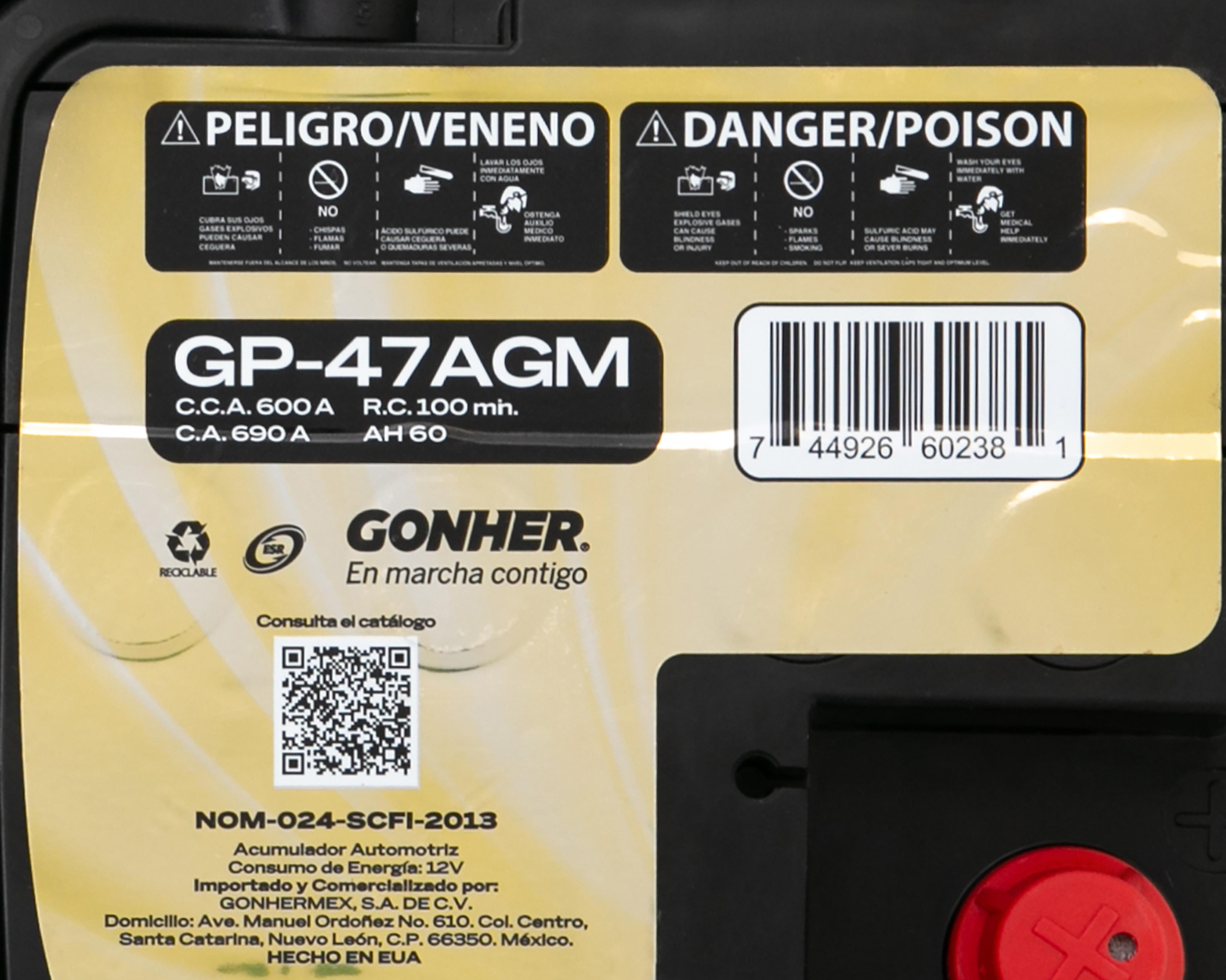 Foto 5 | Batería para Auto Gonher Prime GP-47 AGM