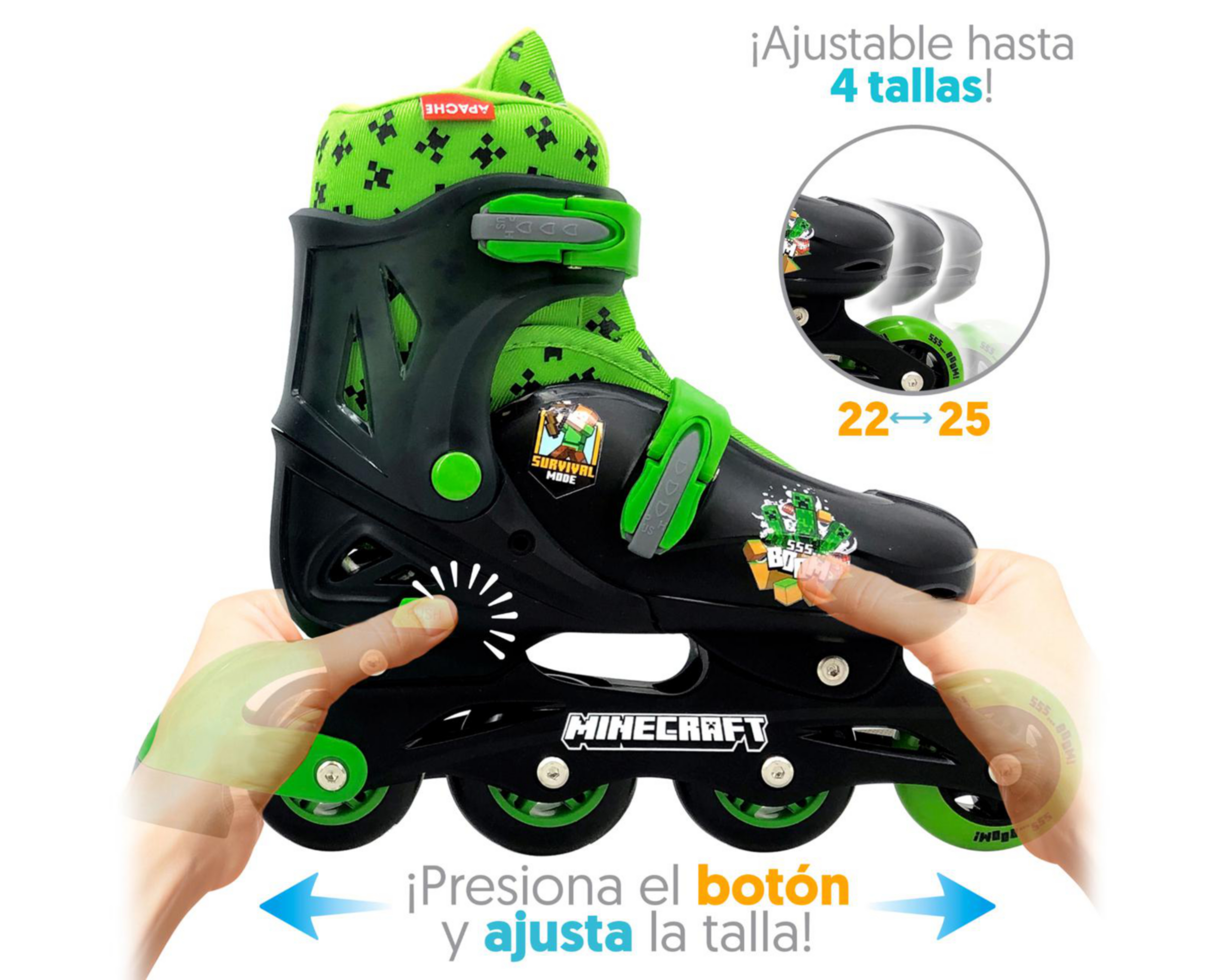 Foto 5 pulgar | Patines para Niño de 4 Ruedas Apache Minecraft Ajustables