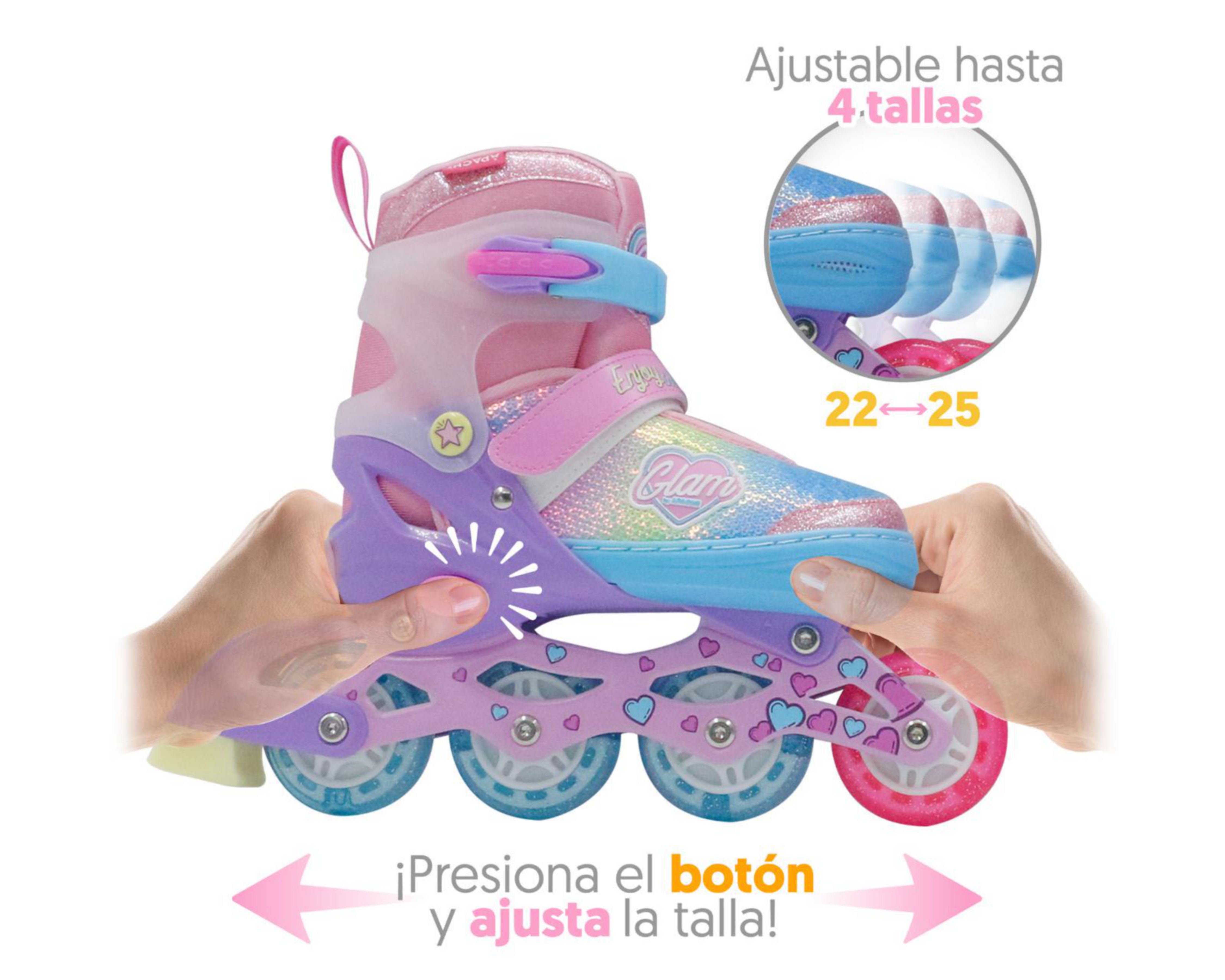 Foto 3 pulgar | Patines para Niña de 4 Ruedas Apache Glam Ajustables