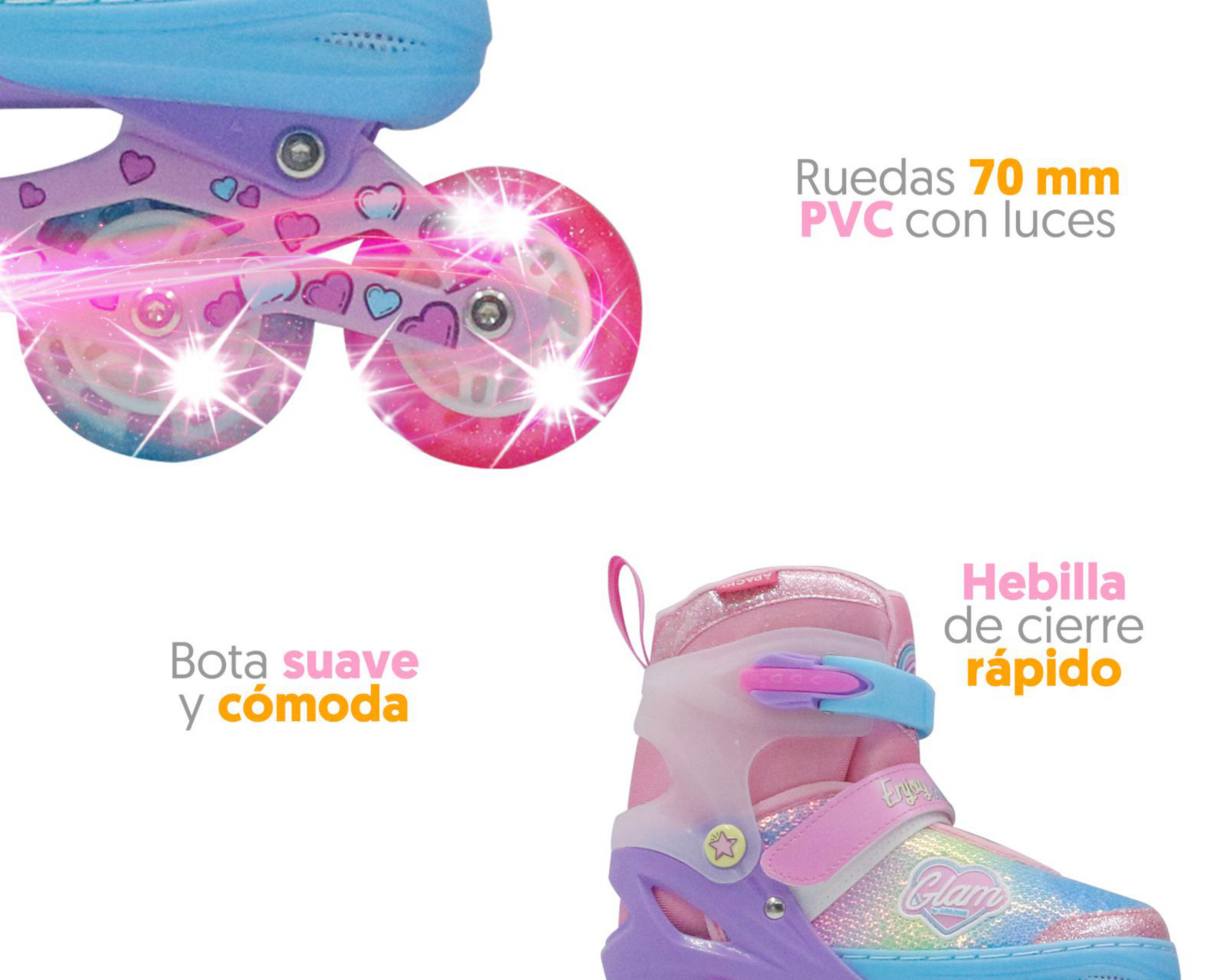Foto 6 pulgar | Patines para Niña de 4 Ruedas Apache Glam Ajustables