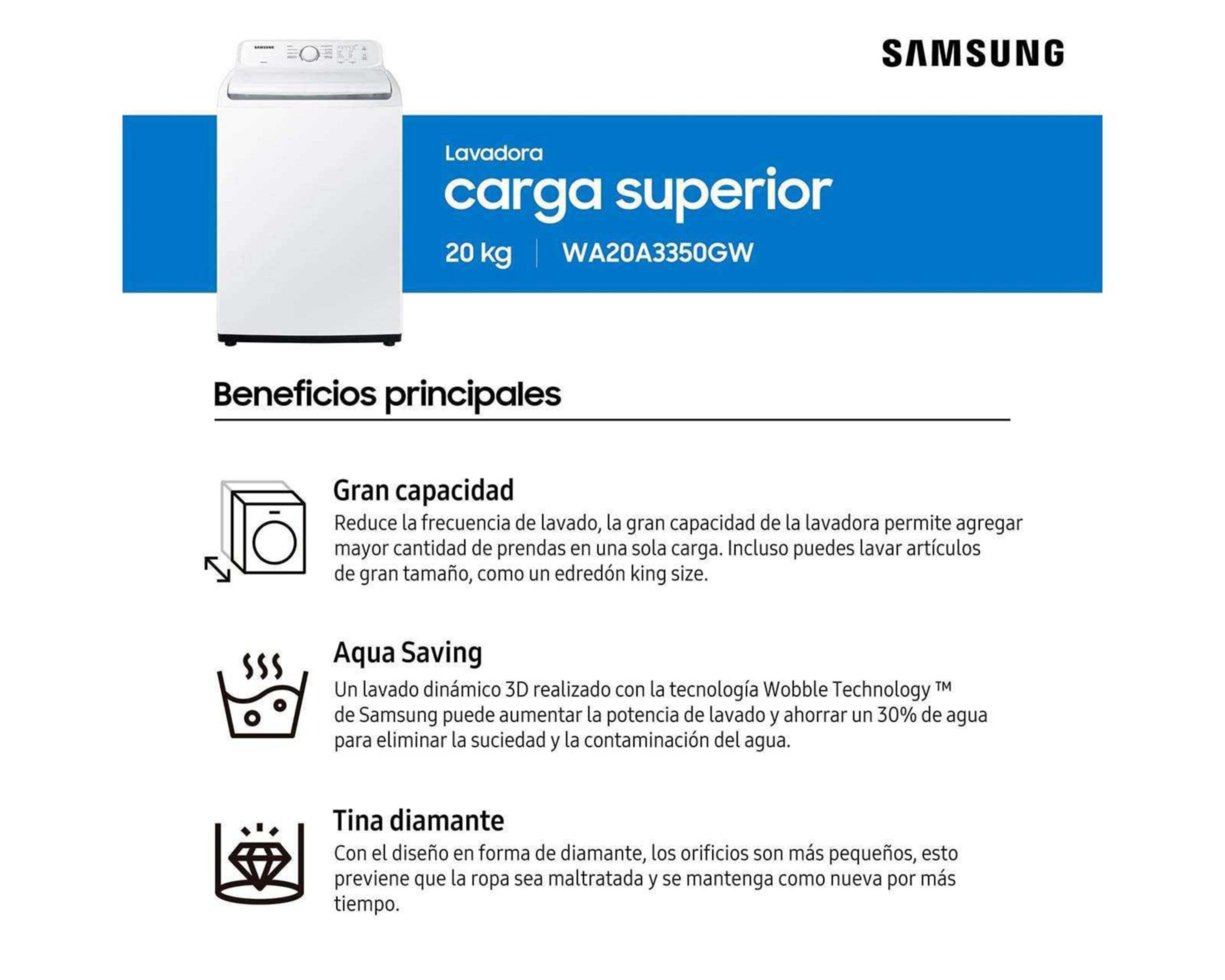 Foto 9 pulgar | Lavadora Samsung Automática WA20A3350GW 20 kg Blanca