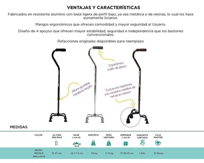 Foto 5 | Bastón Reactiv de 4 Apoyos con Base Metálica Bronce