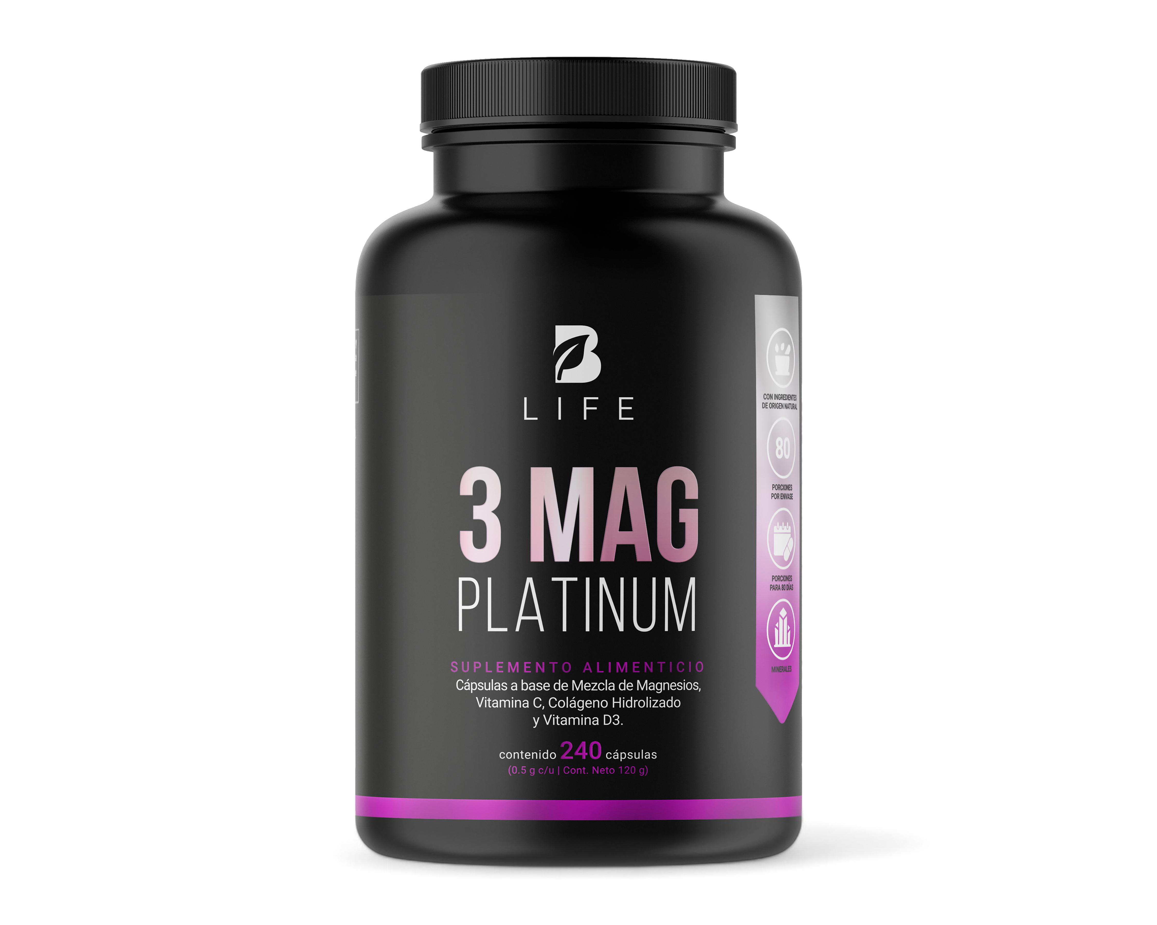 Suplemento Alimenticio B Life 3 Mag Platinum con Magnesio 240 Cápsulas