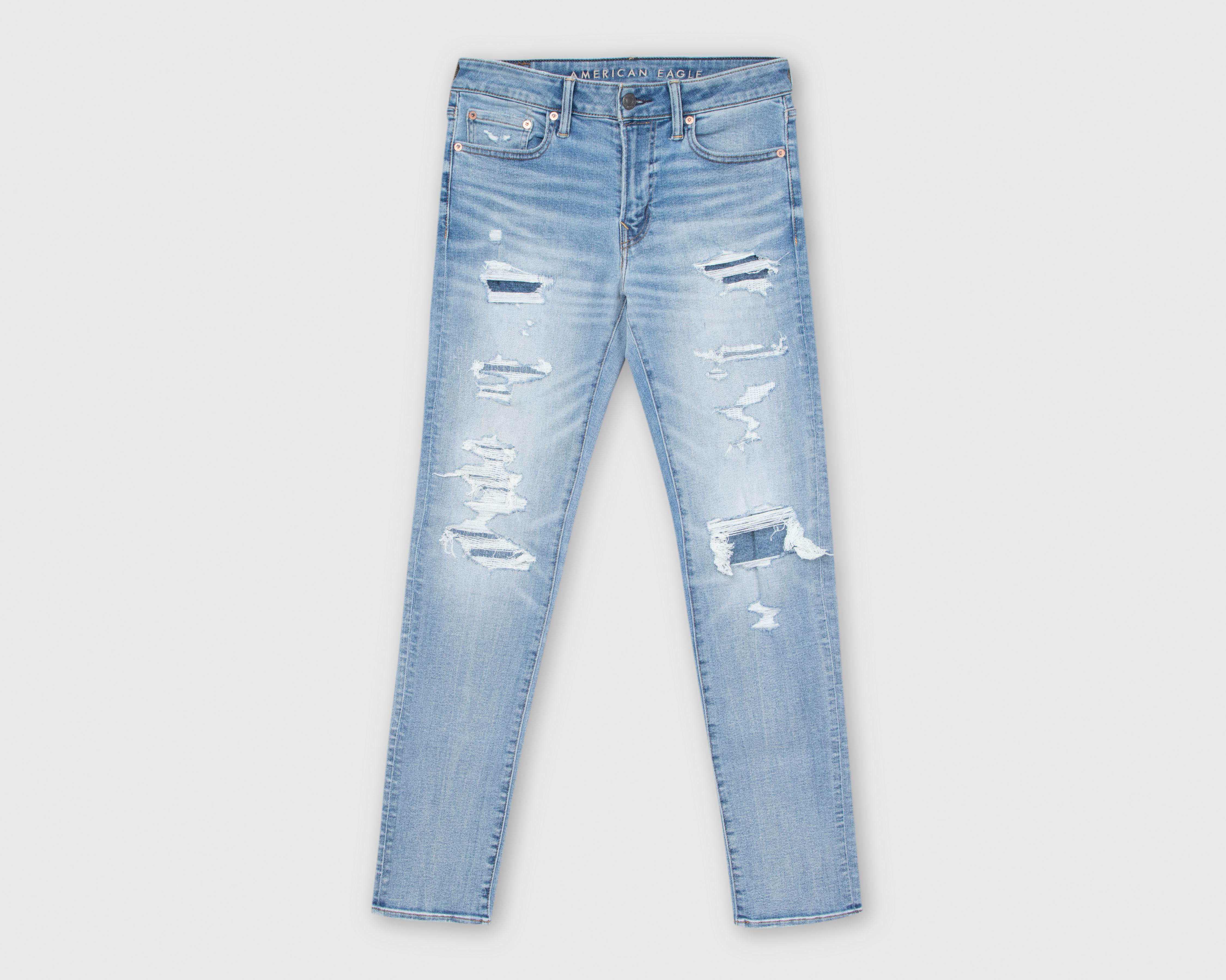 Jeans Slim American Eagle Light Destroy Glueback Mending para Hombre