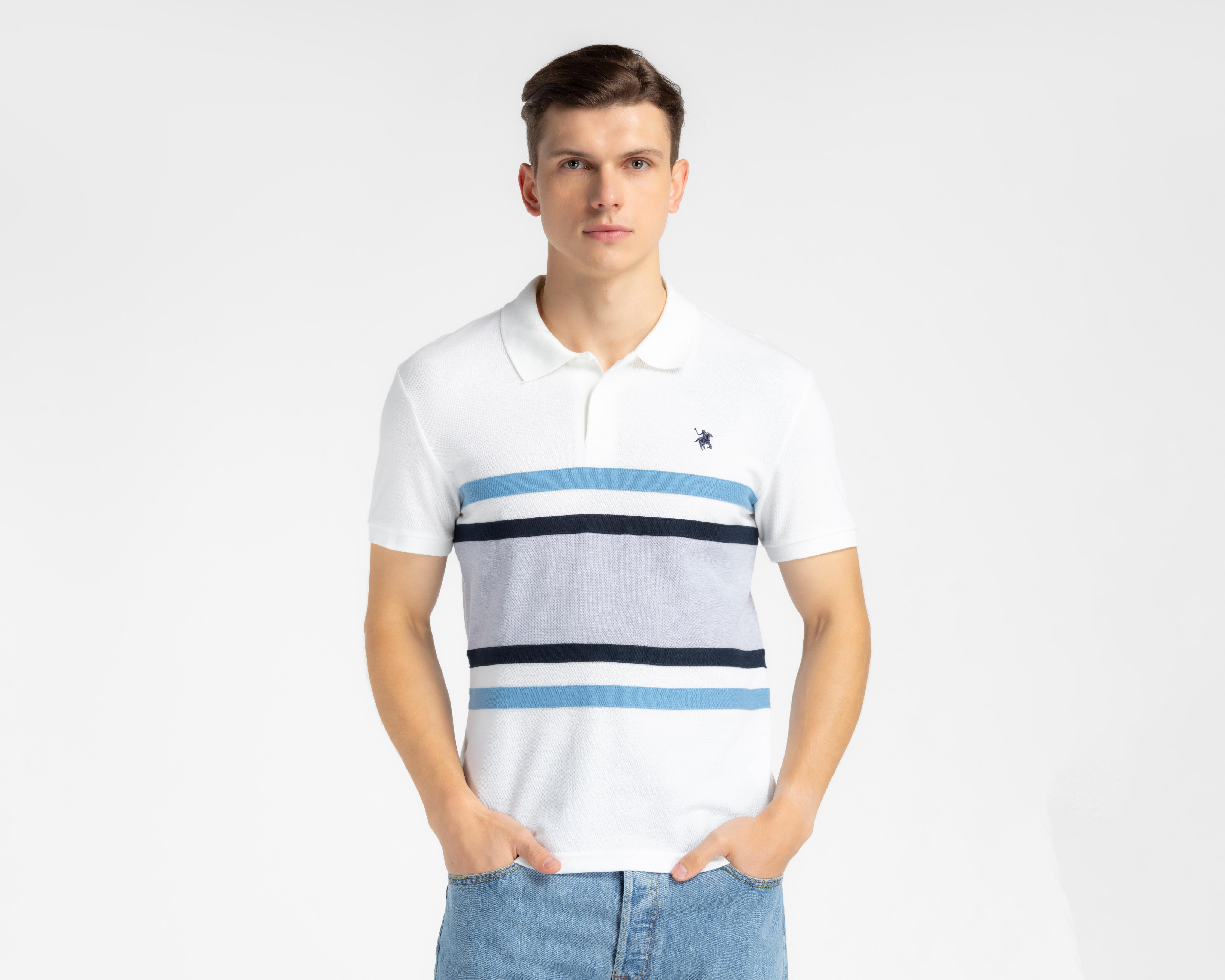 Foto 2 pulgar | Playera Polo York Team Polo Club Blanca con Franjas Azules para Hombre