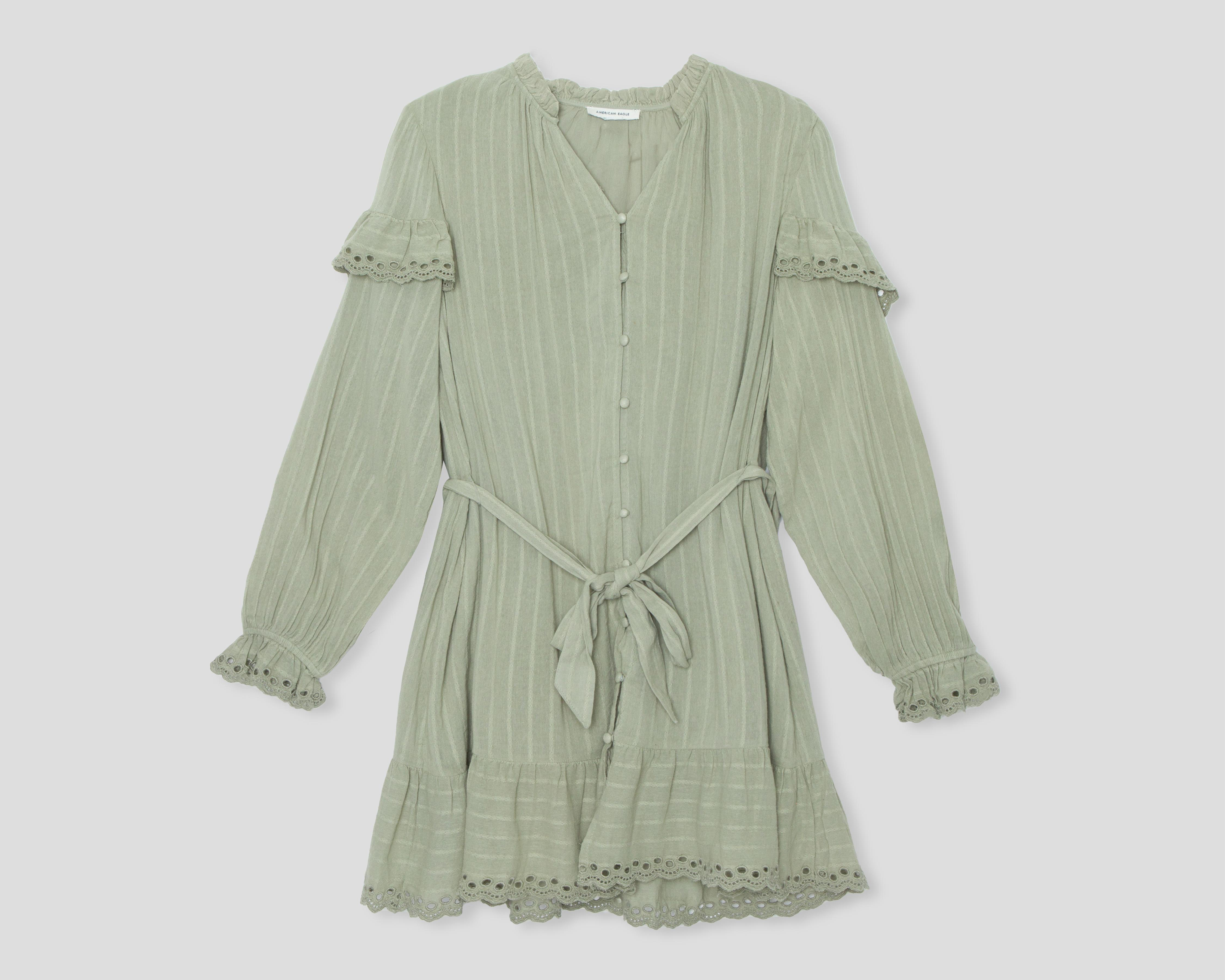 Foto 2 pulgar | Vestido Casual American Eagle Verde Manga Larga con Botones para Mujer