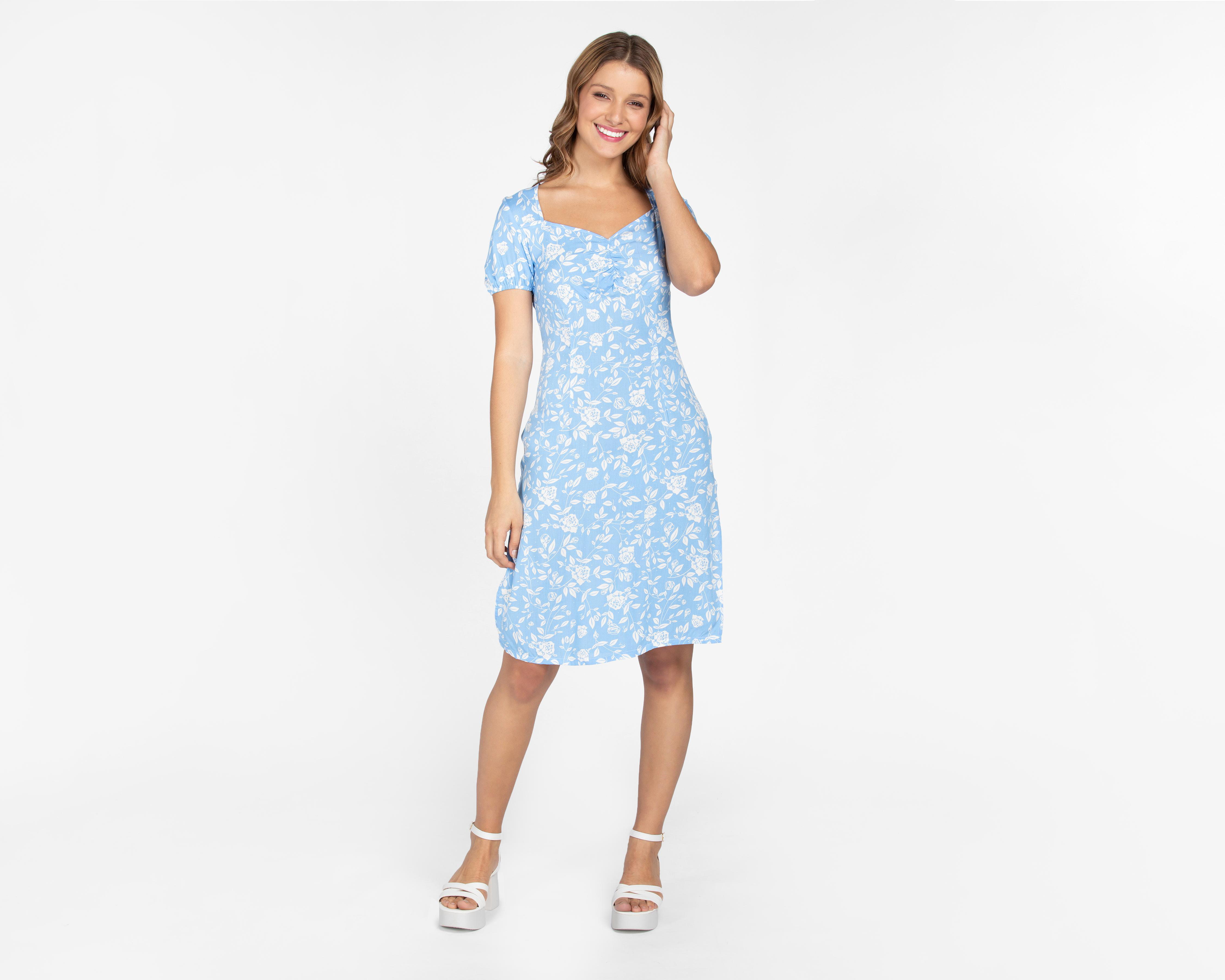 Vestido Sahara Casual Azul Floreado Manga Corta