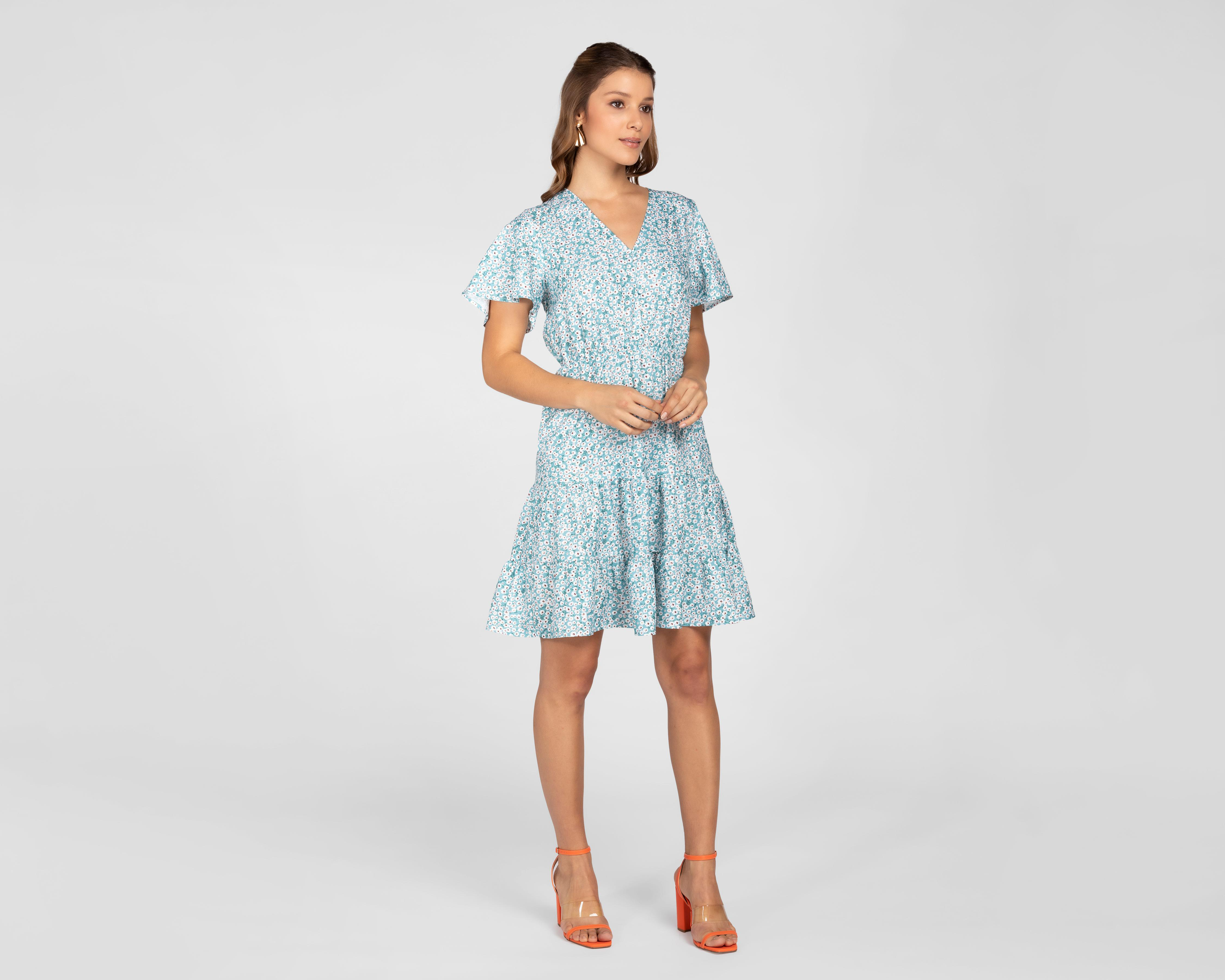 Vestido Sahara Casual Corto Escote V con Estampado Floral