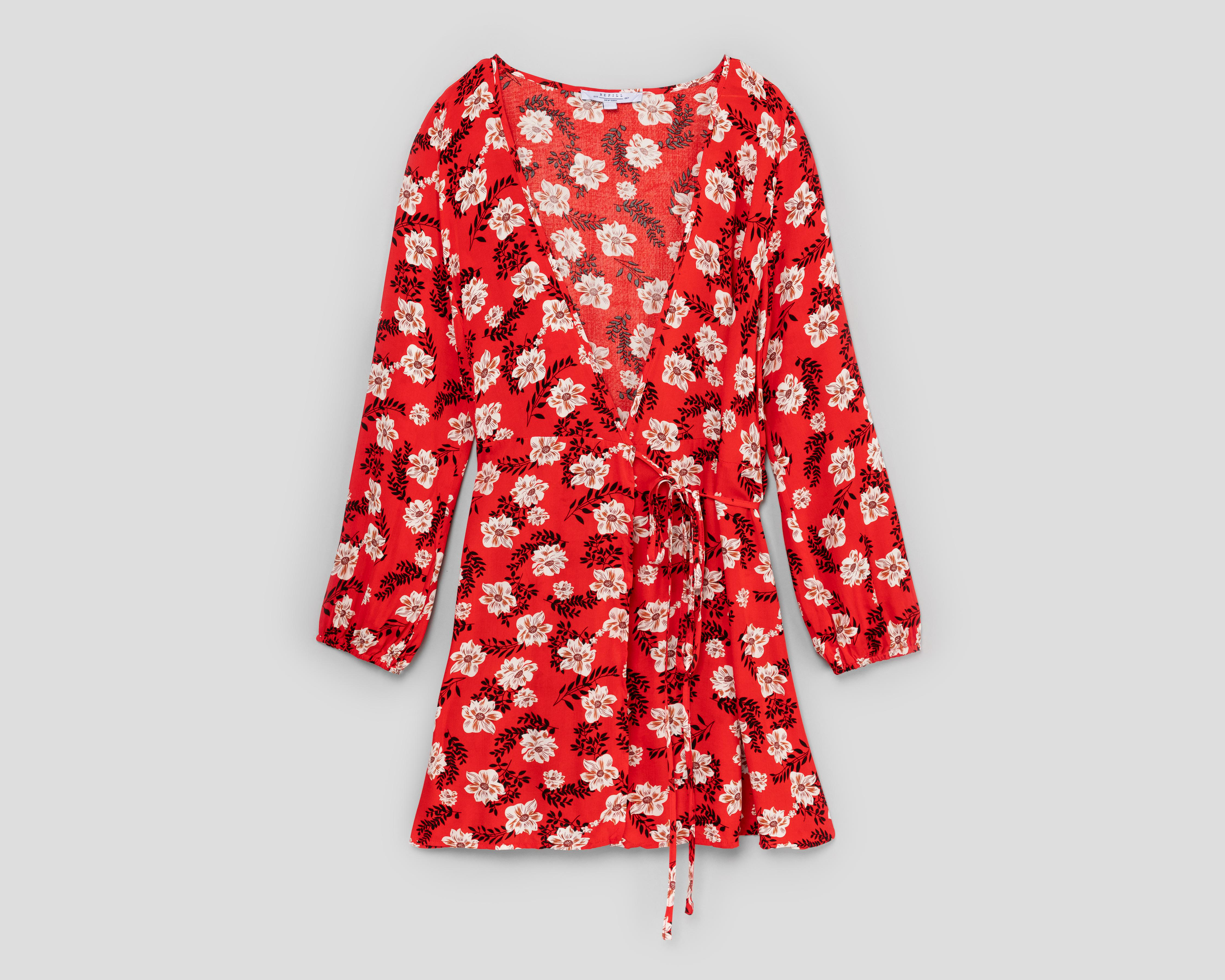 Foto 2 pulgar | Vestido Refill Casual Escote Cruzado Rojo con Estampado Floral
