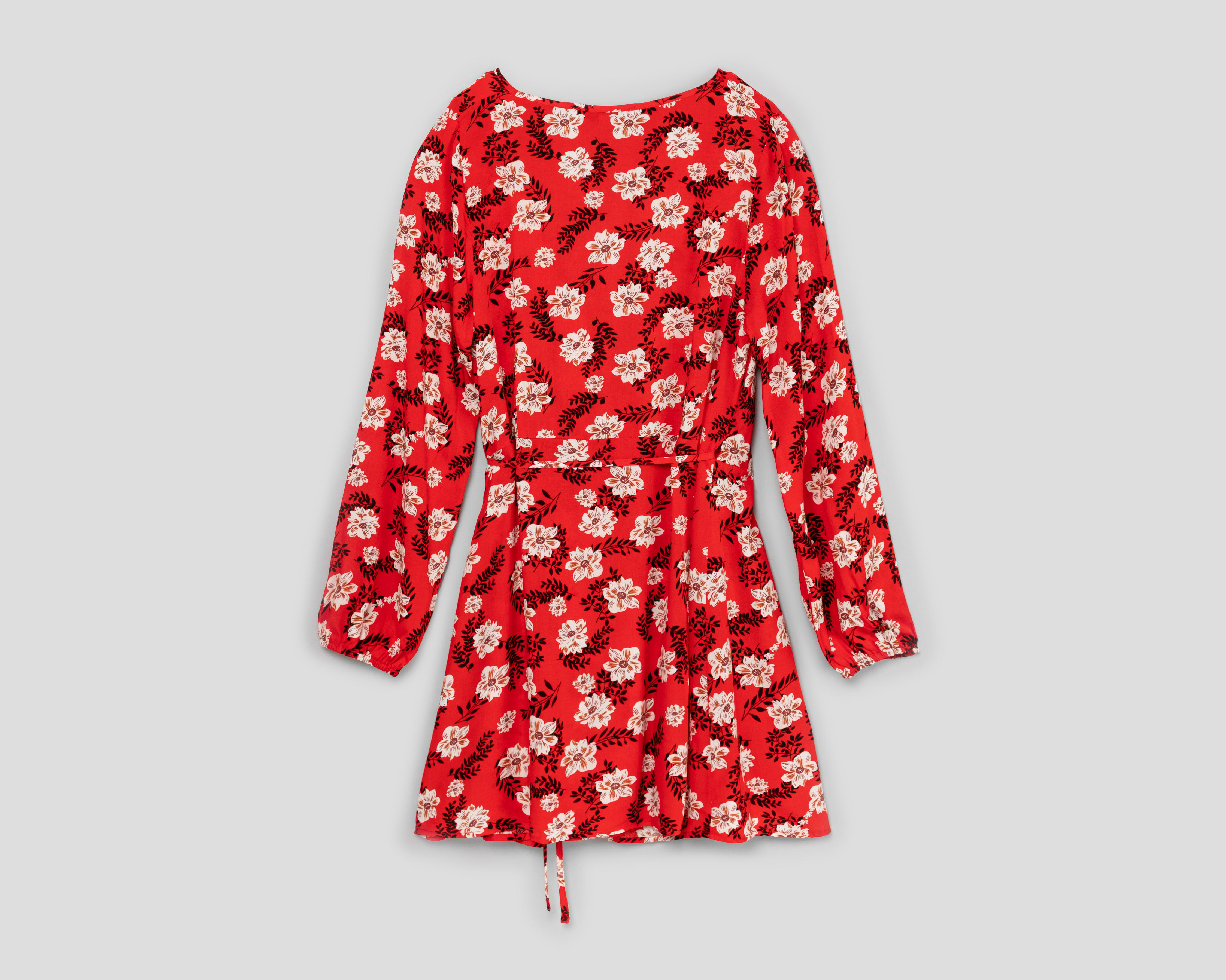 Foto 3 pulgar | Vestido Refill Casual Escote Cruzado Rojo con Estampado Floral