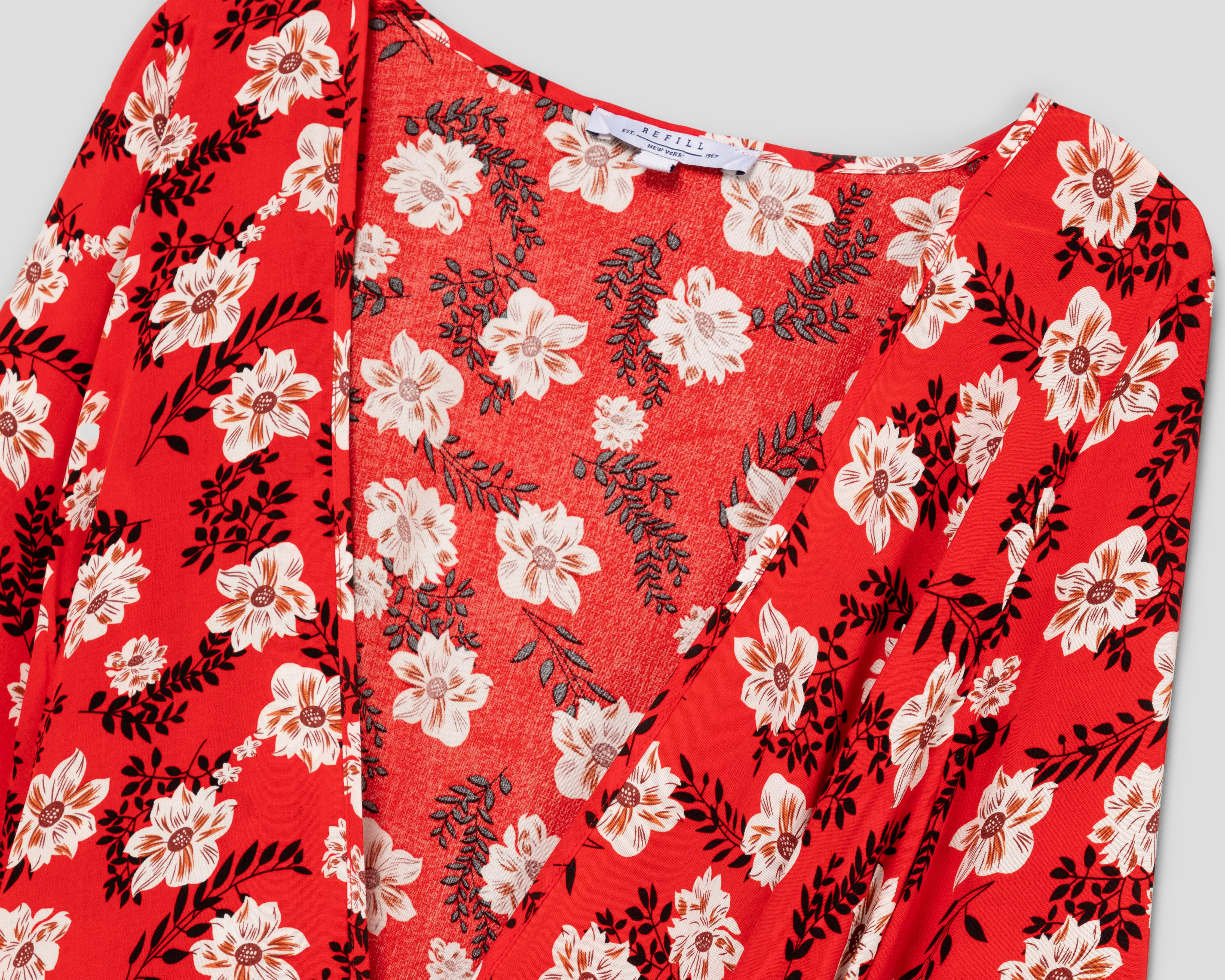 Foto 4 pulgar | Vestido Refill Casual Escote Cruzado Rojo con Estampado Floral