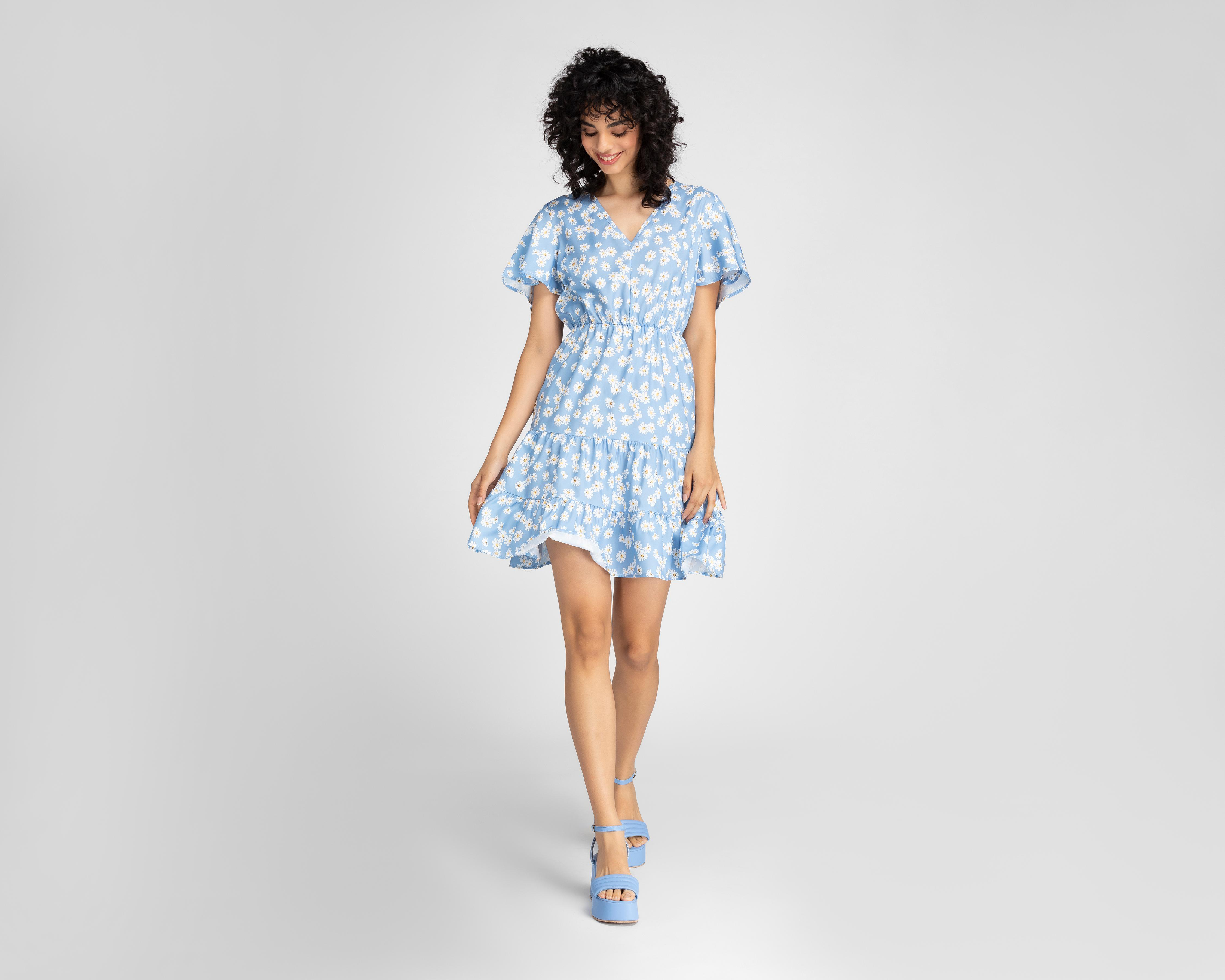 Vestido Refill Casual Azul con Miniprint de Margaritas