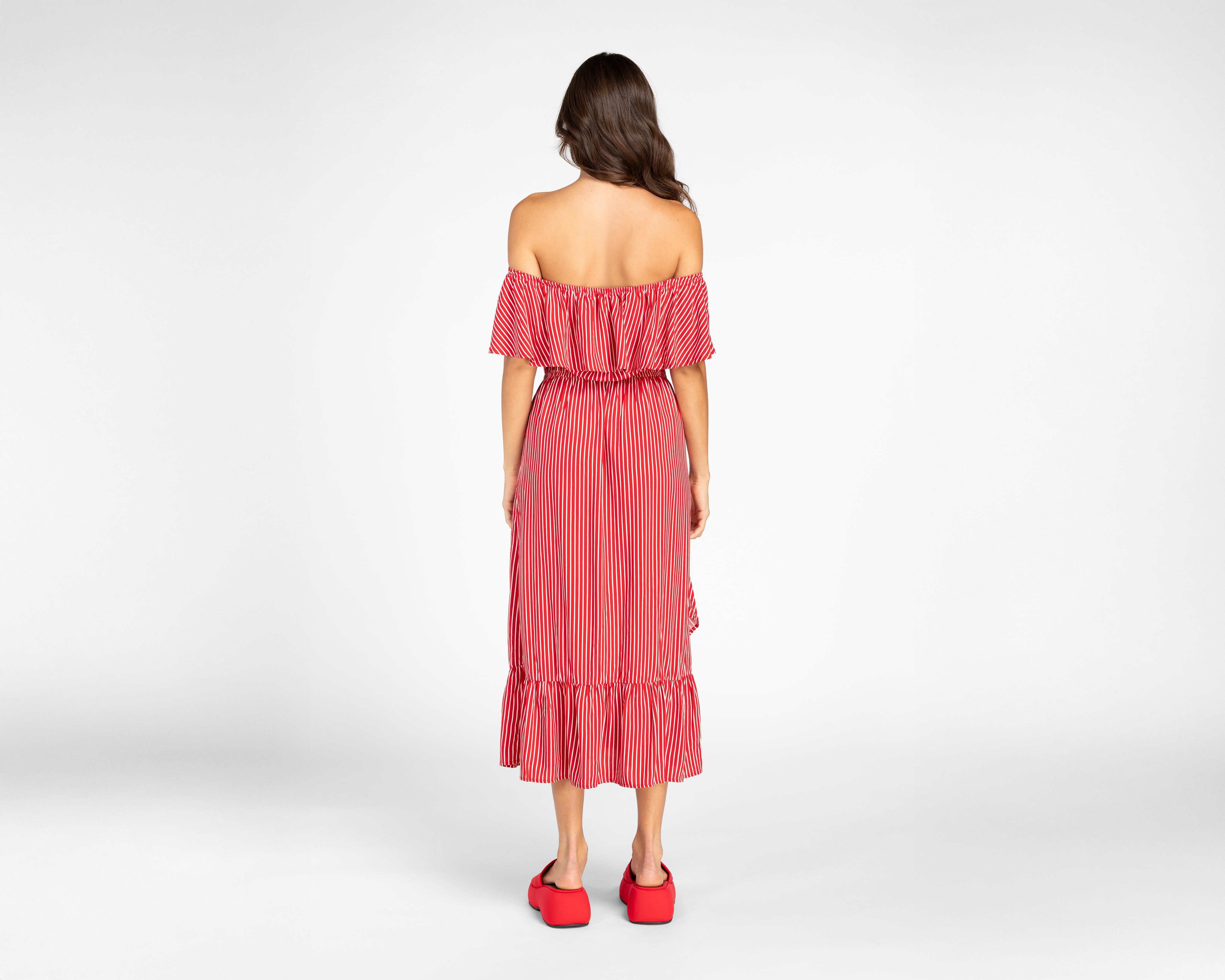 Foto 4 pulgar | Vestido Casual Refill Escote Campesino con Holán a Rayas
