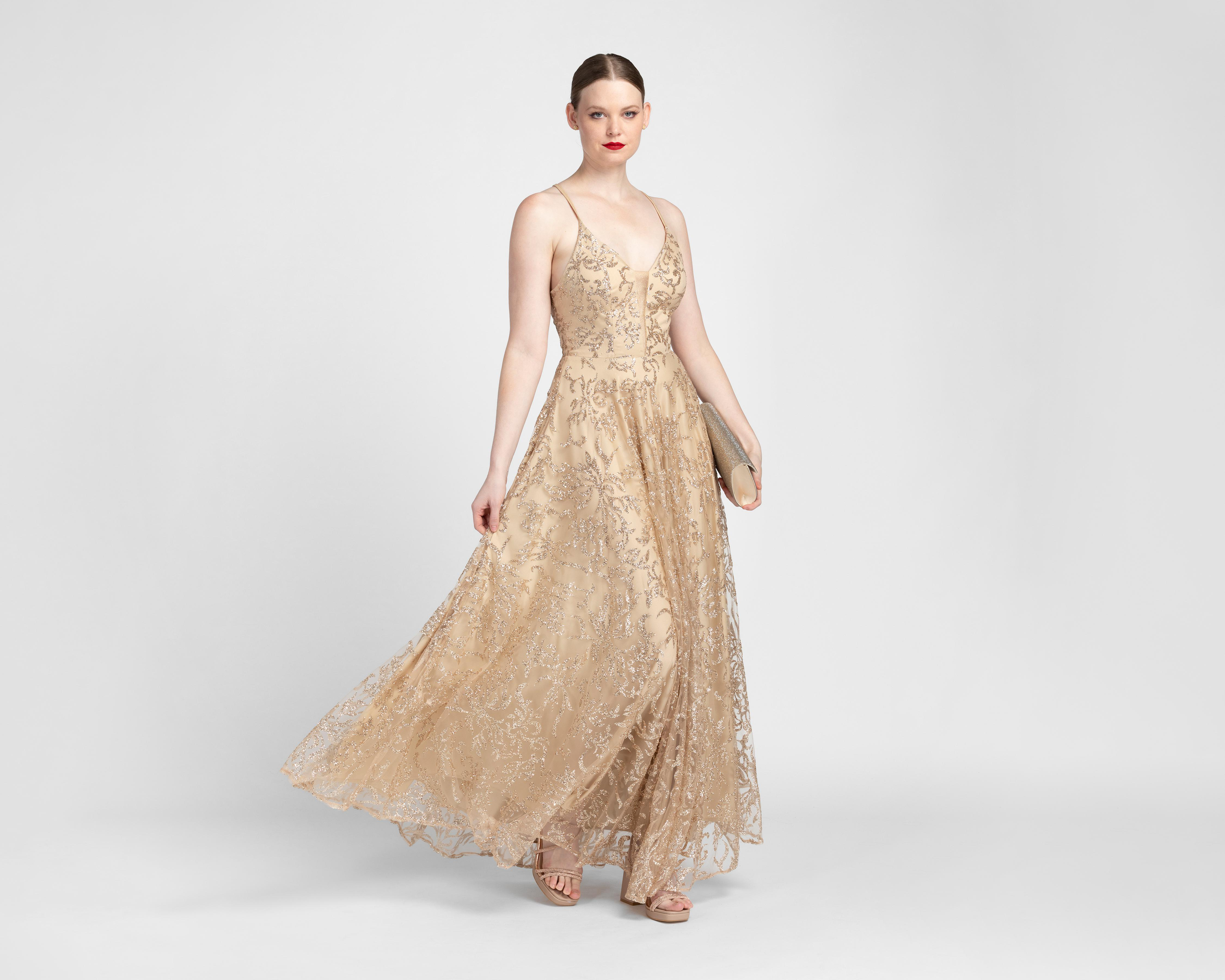 Foto 3 pulgar | Vestido de Noche Sienteme Dorado con Brillo Largo para Mujer