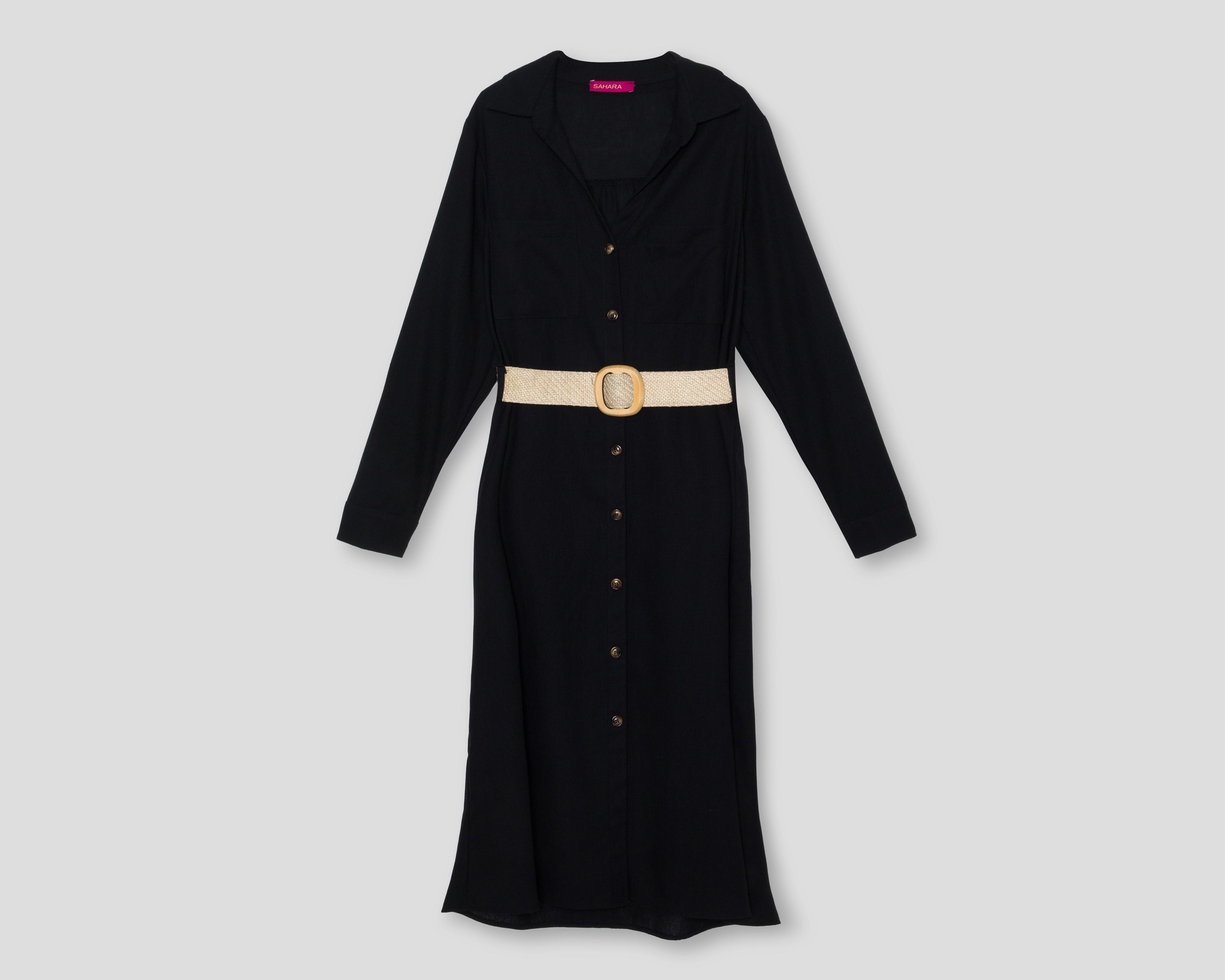 Vestido Casual Sahara Negro Manga Larga con Cinturón